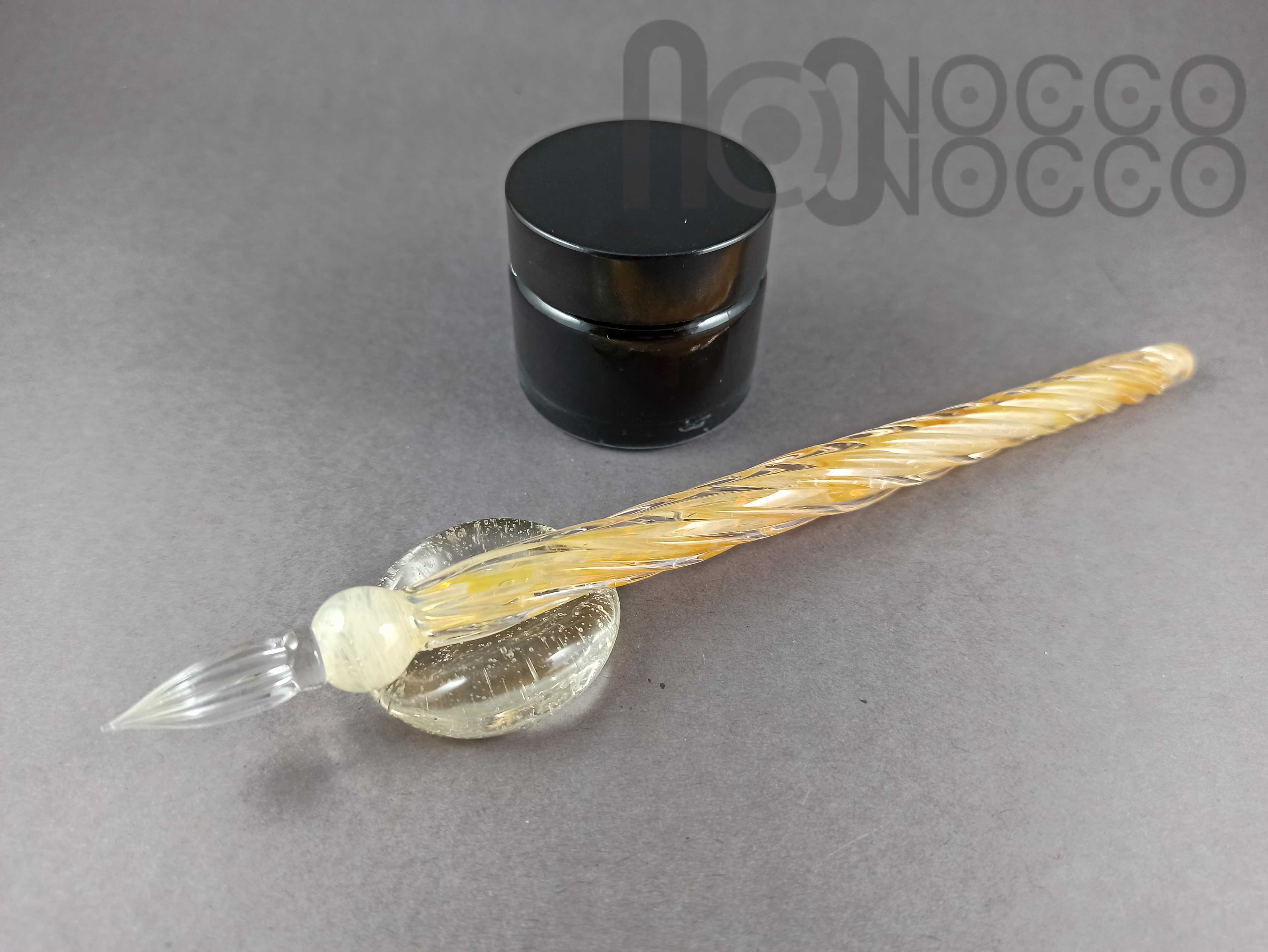 UV Reactive Glass Dip Pen, Pen Pillow and A Bottle of Ink, v013 — handmade borosilicate glass by NoccoNocco, detail view 2 of 3, made in Greece