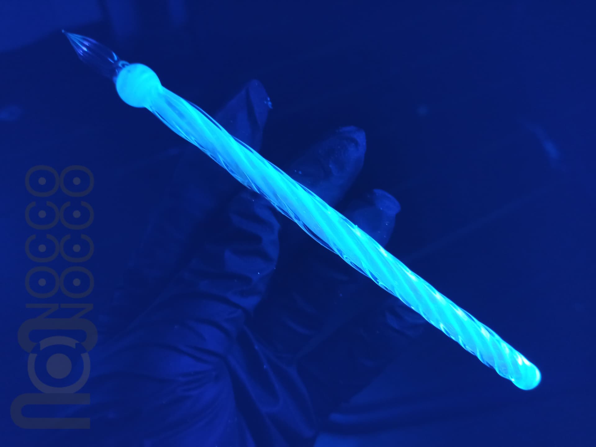 UV Reactive Glass Dip Pen, Pen Pillow and A Bottle of Ink, v013 — handmade borosilicate glass by NoccoNocco, main view, made in Greece