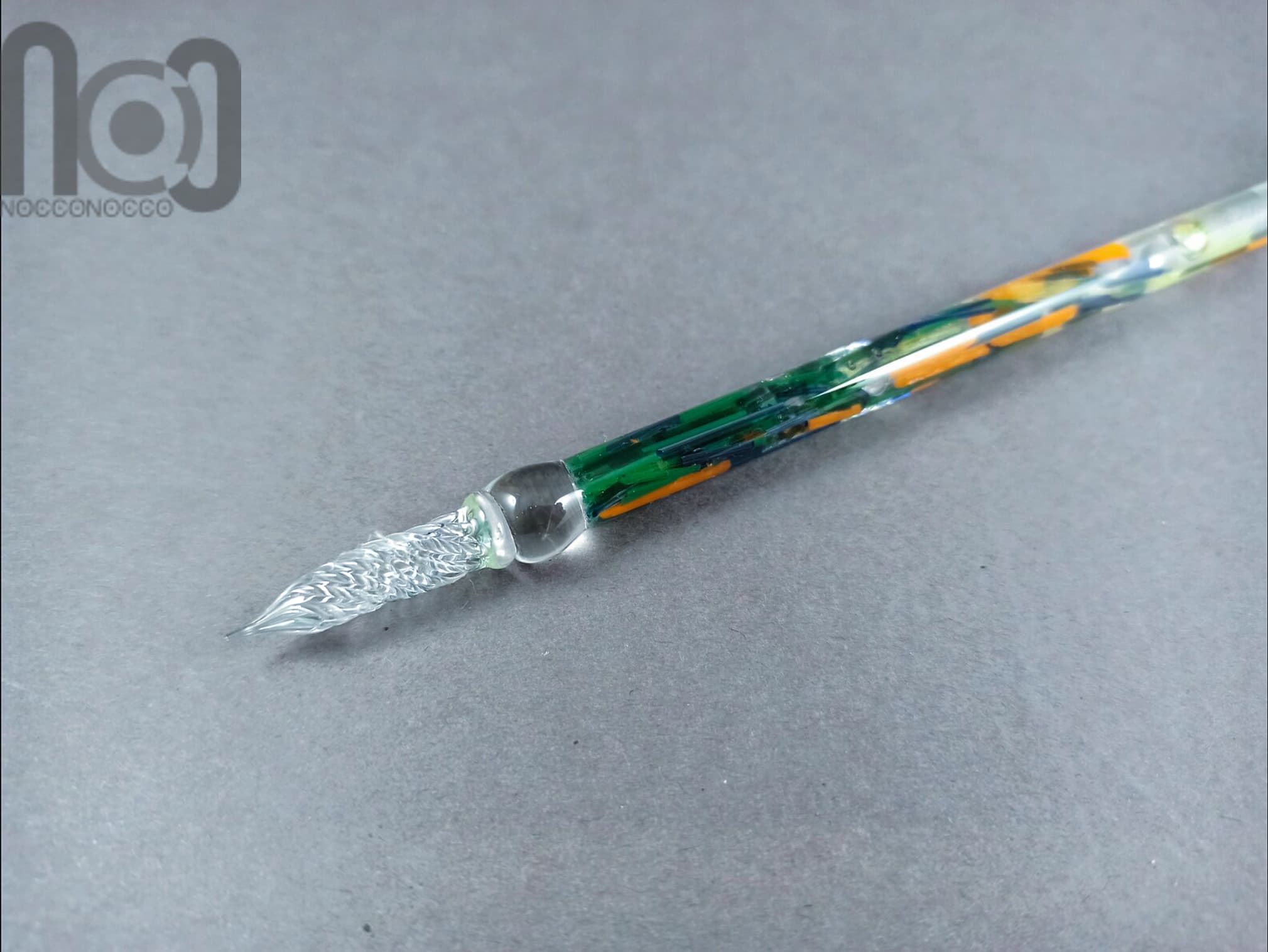 Glass Dip Pen filled with floating colorful glass pieces, v052 — handmade borosilicate glass by NoccoNocco, detail view 4 of 4, made in Greece
