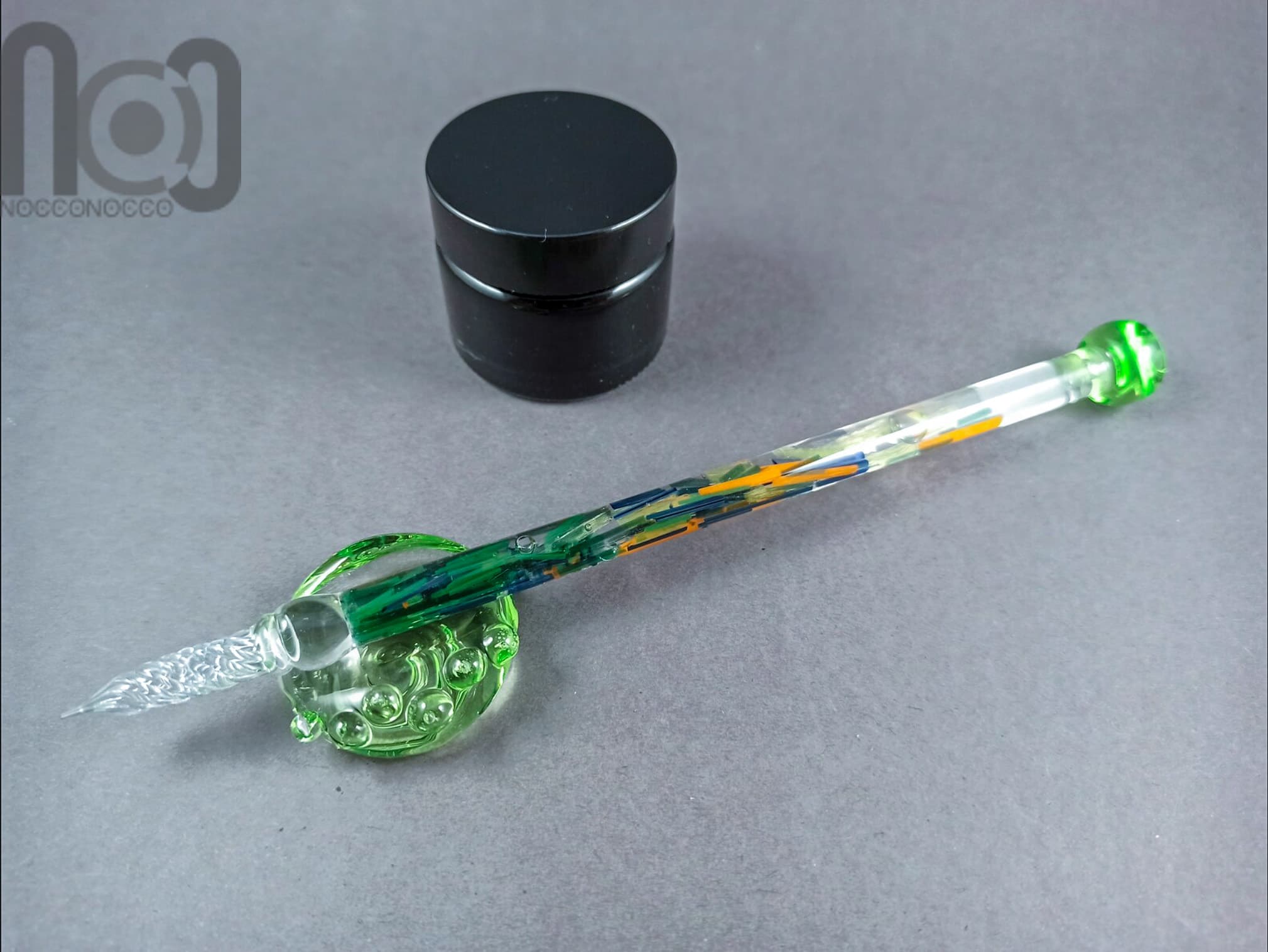 Glass Dip Pen filled with floating colorful glass pieces, v052 — handmade borosilicate glass by NoccoNocco, main view, made in Greece