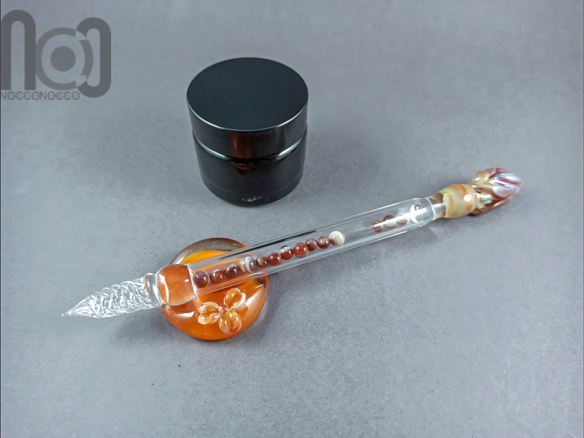 Hollow Glass Dip Pen with Mini Marbles, v050 — handmade borosilicate glass by NoccoNocco, main view, made in Greece
