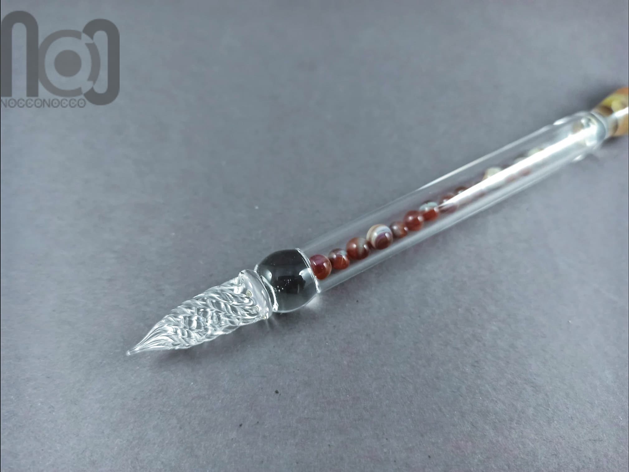 Hollow Glass Dip Pen with Mini Marbles, v050 — handmade borosilicate glass by NoccoNocco, detail view 3 of 4, made in Greece