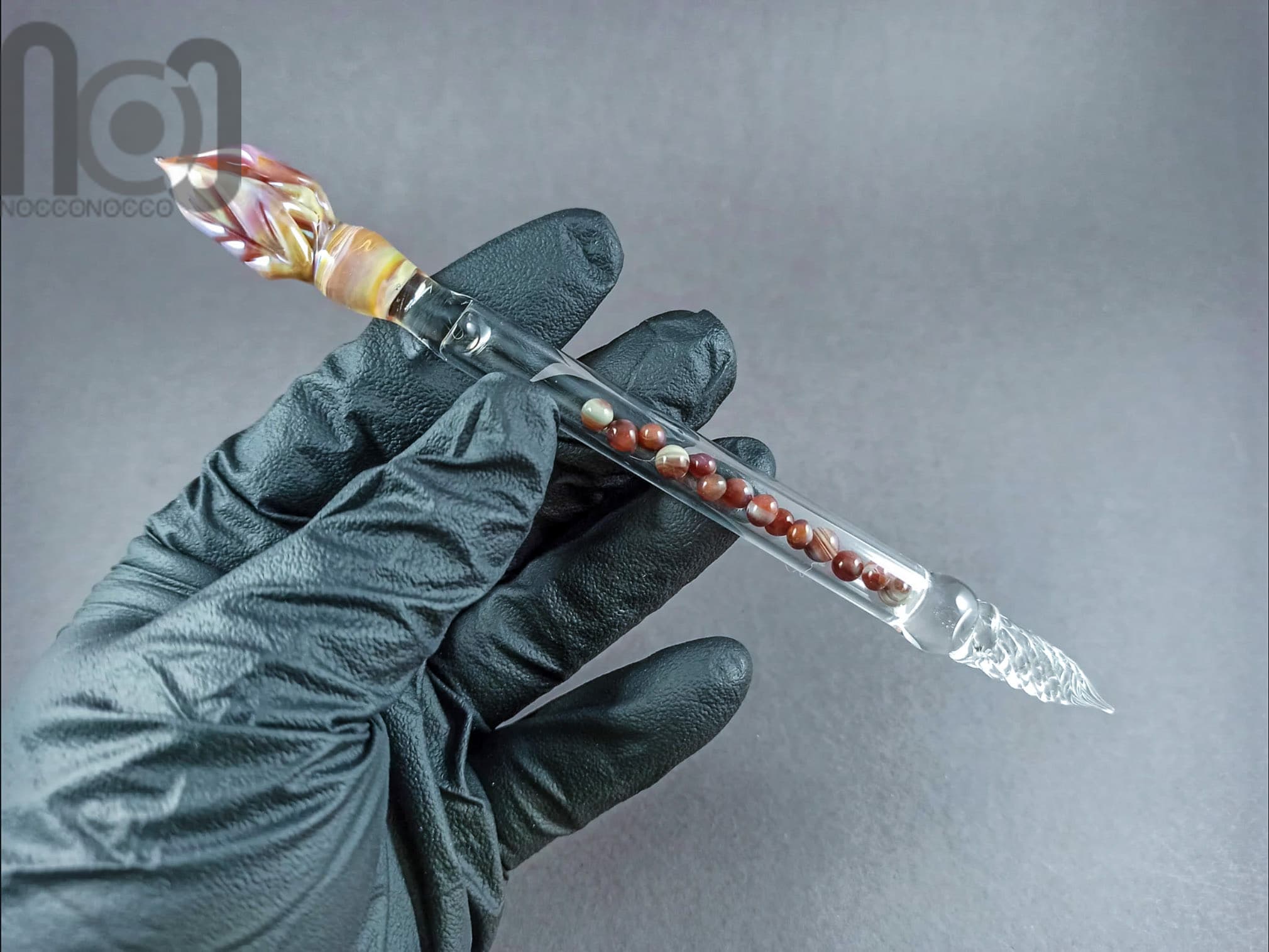 Hollow Glass Dip Pen with Mini Marbles, v050 — handmade borosilicate glass by NoccoNocco, detail view 4 of 4, made in Greece