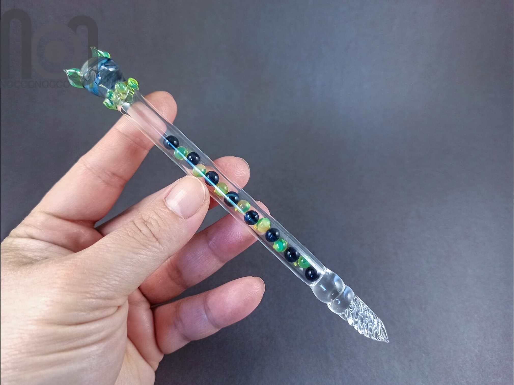 Hollow Glass Dip Pen with Mini Marbles, v053 — handmade borosilicate glass by NoccoNocco, detail view 2 of 3, made in Greece