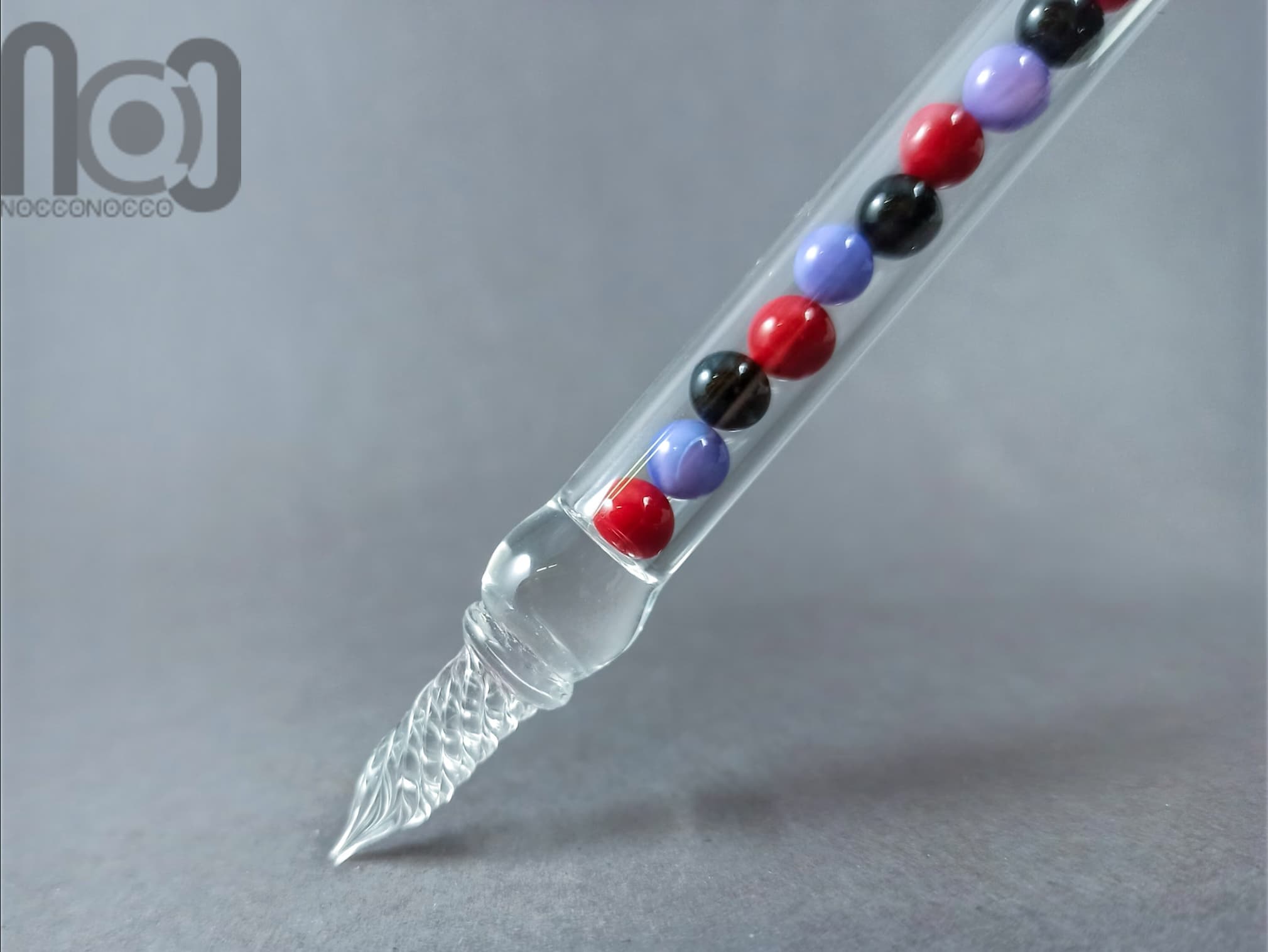 Hollow Glass Dip Pen with Mini Marbles, v054 — handmade borosilicate glass by NoccoNocco, main view, made in Greece