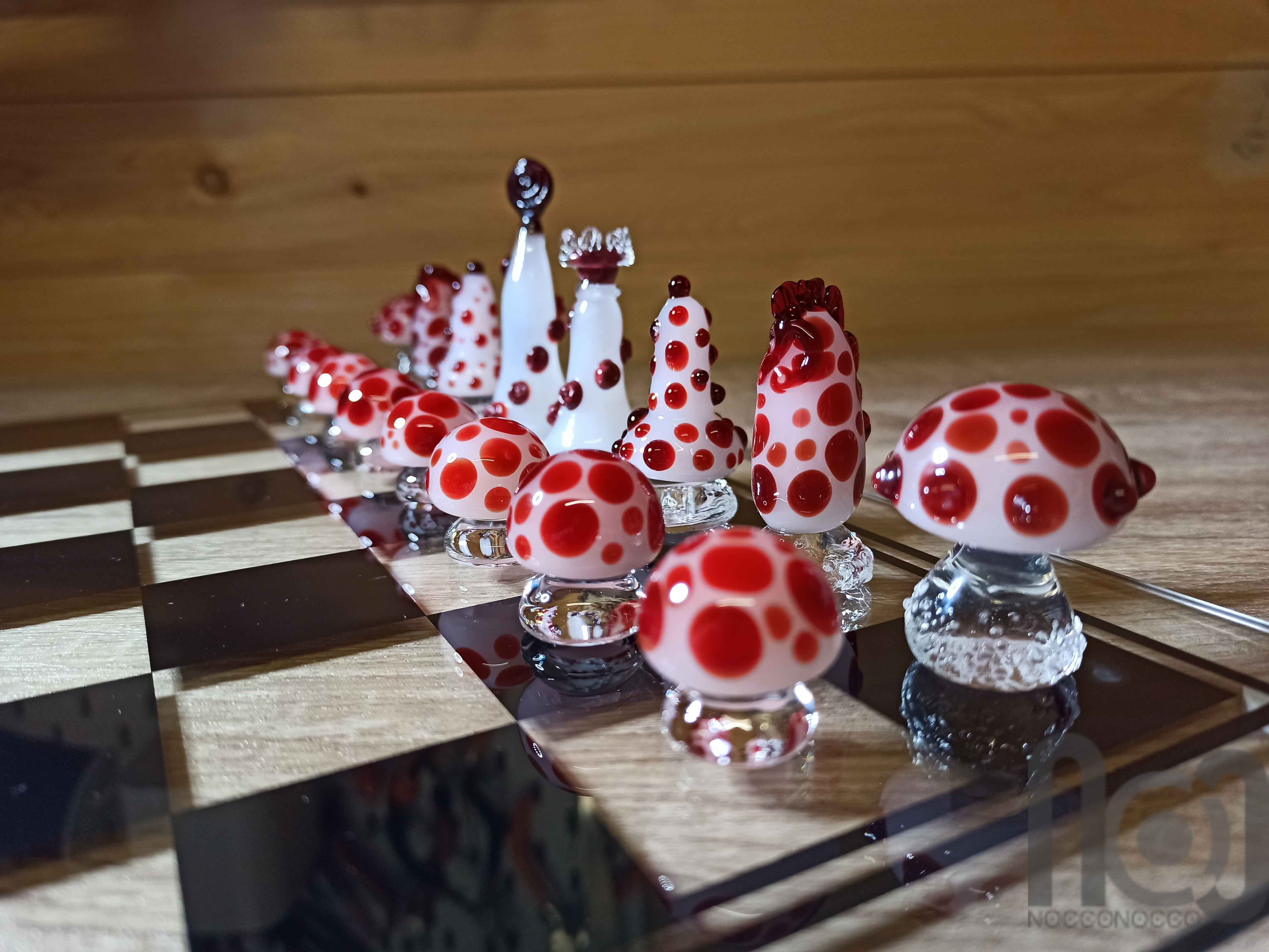 Mushroom Themed Handmade Glass Chess Set -v2 — handmade borosilicate glass by NoccoNocco, main view, made in Greece