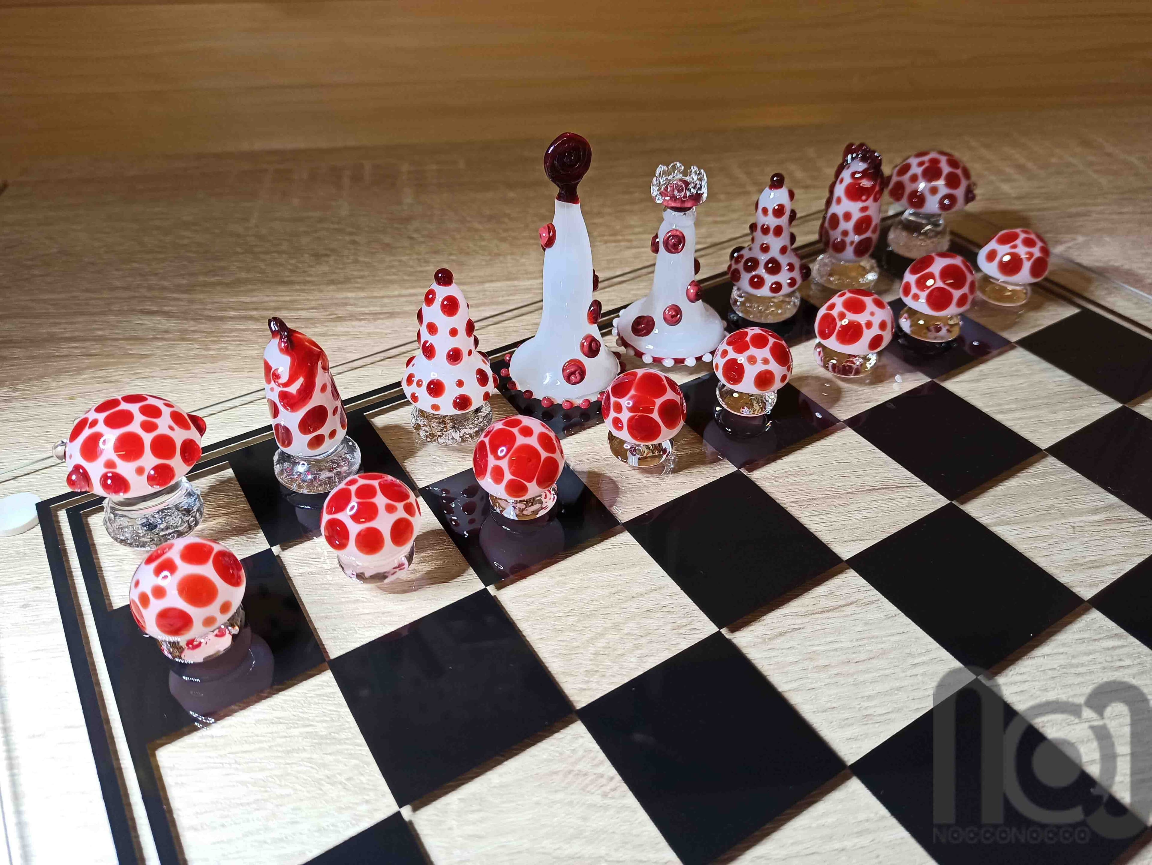 Mushroom Themed Handmade Glass Chess Set -v2 — handmade borosilicate glass by NoccoNocco, detail view 3 of 6, made in Greece