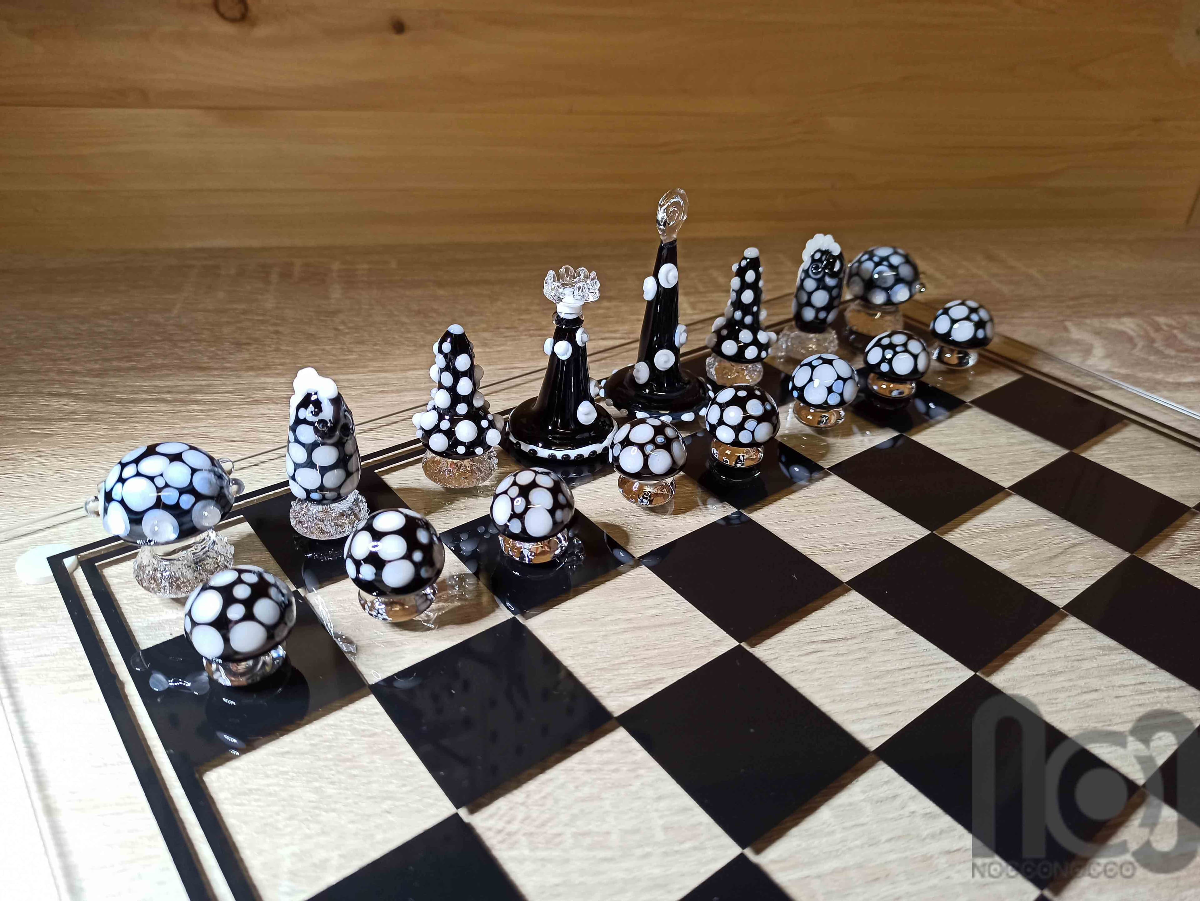 Mushroom Themed Handmade Glass Chess Set -v2 — handmade borosilicate glass by NoccoNocco, detail view 4 of 6, made in Greece