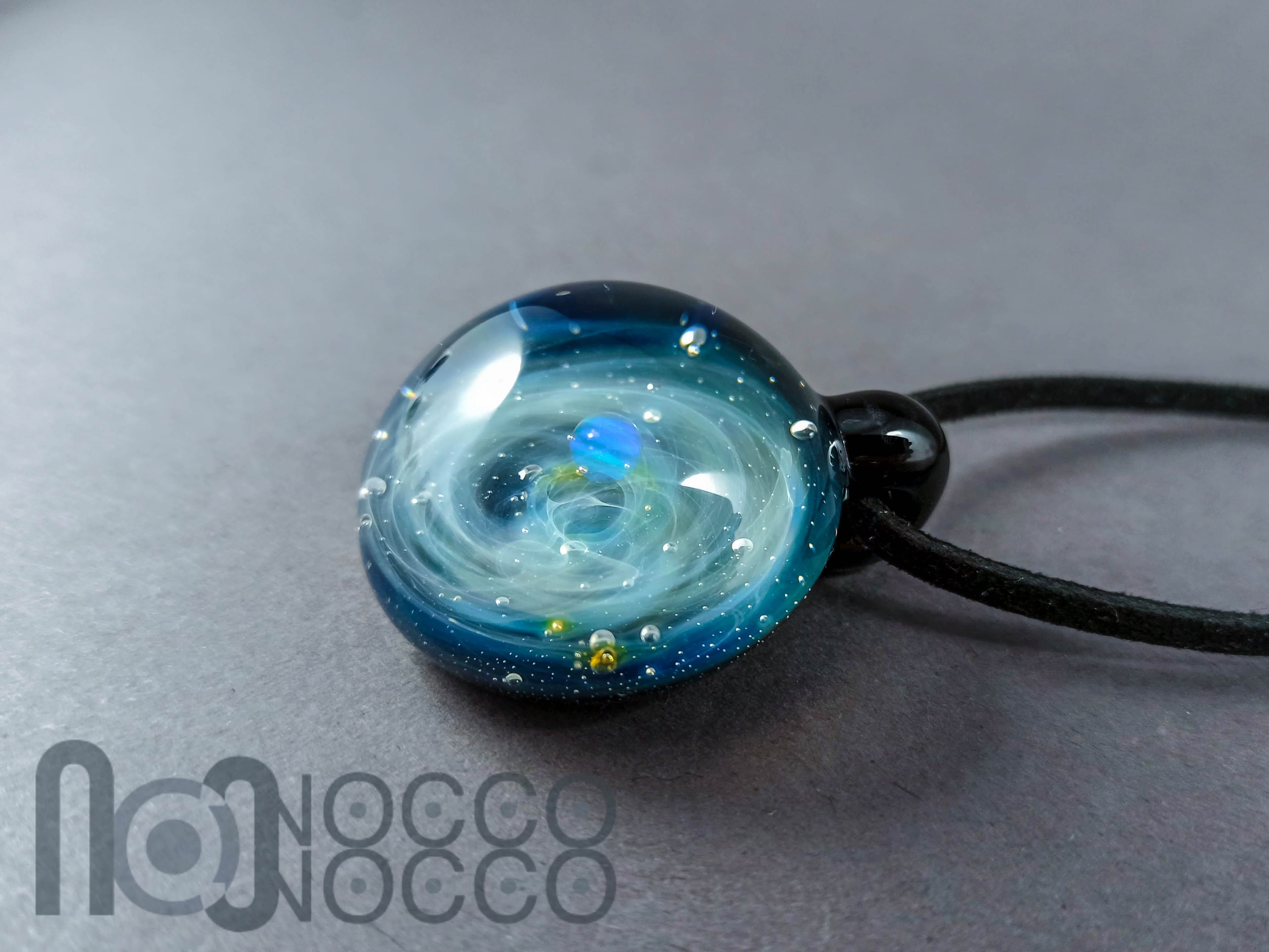 Large Galaxy Pendant with An Opal Planet, v273 — handmade borosilicate glass by NoccoNocco, main view, made in Greece