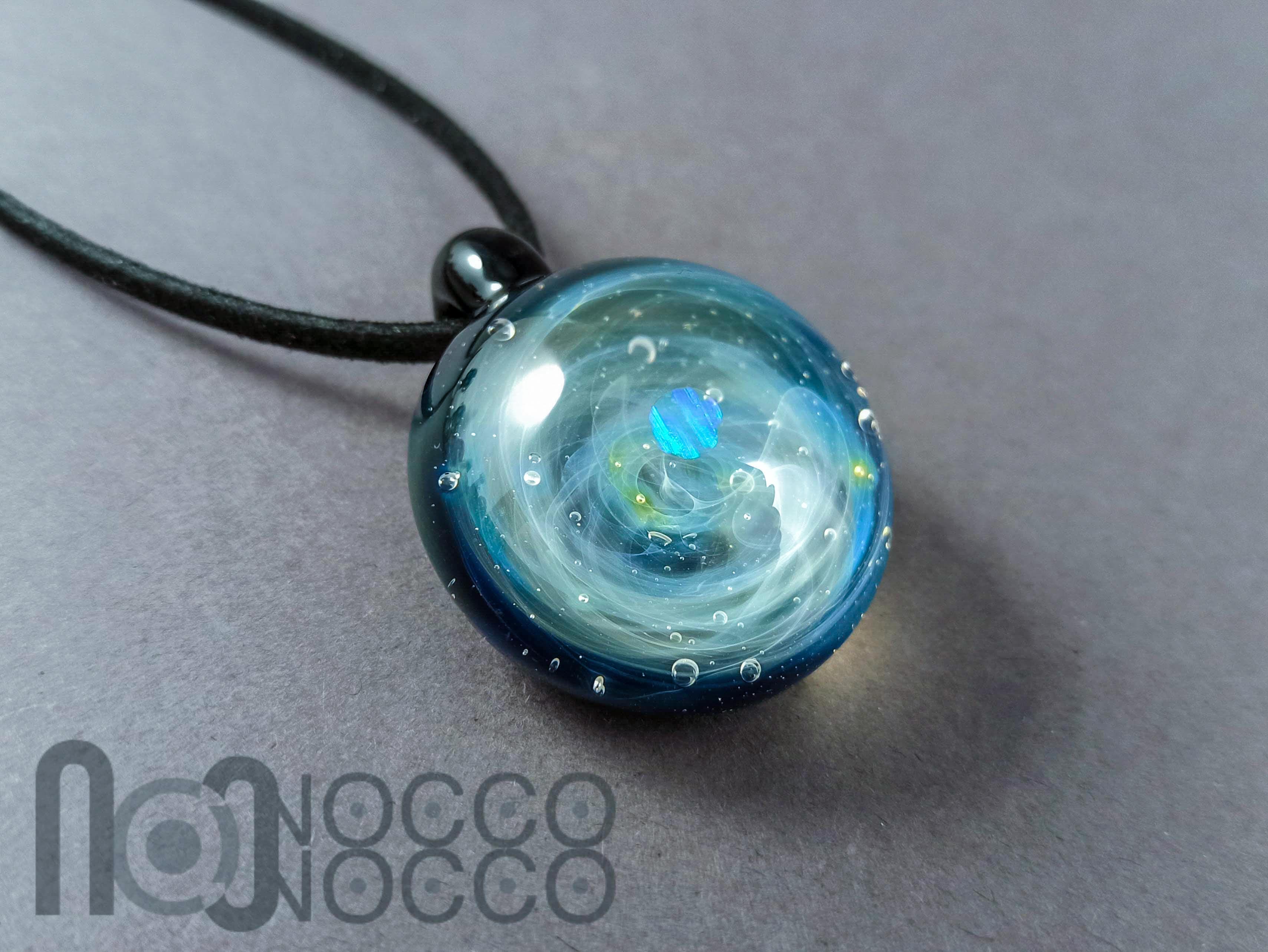 Large Galaxy Pendant with An Opal Planet, v273 — handmade borosilicate glass by NoccoNocco, detail view 3 of 3, made in Greece