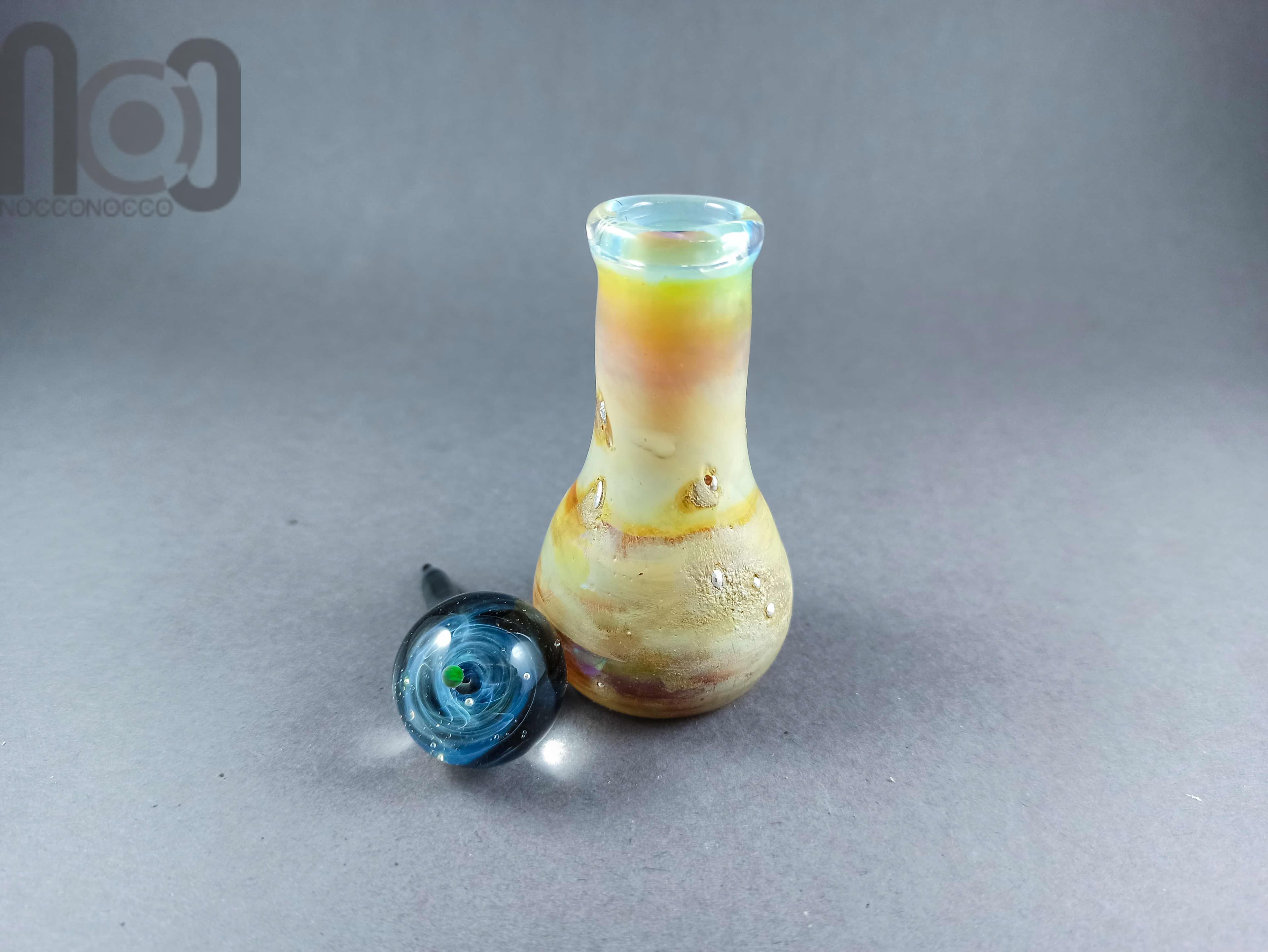 Galaxy Marble Vase with Opal, v012 — handmade borosilicate glass by NoccoNocco, detail view 4 of 4, made in Greece