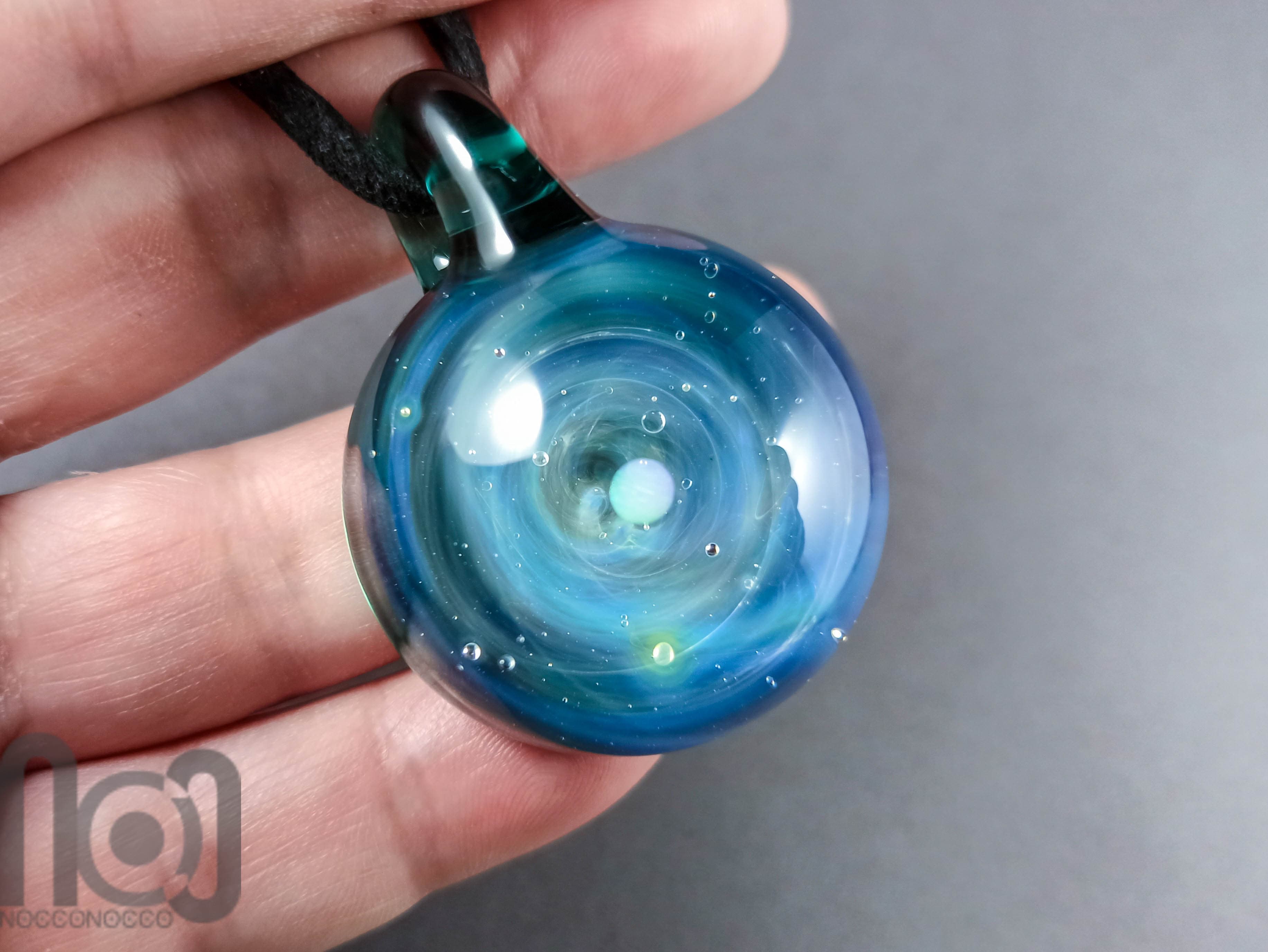 Heady Galaxy Pendant with An Opal Planet, v280 — handmade borosilicate glass by NoccoNocco, detail view 2 of 3, made in Greece