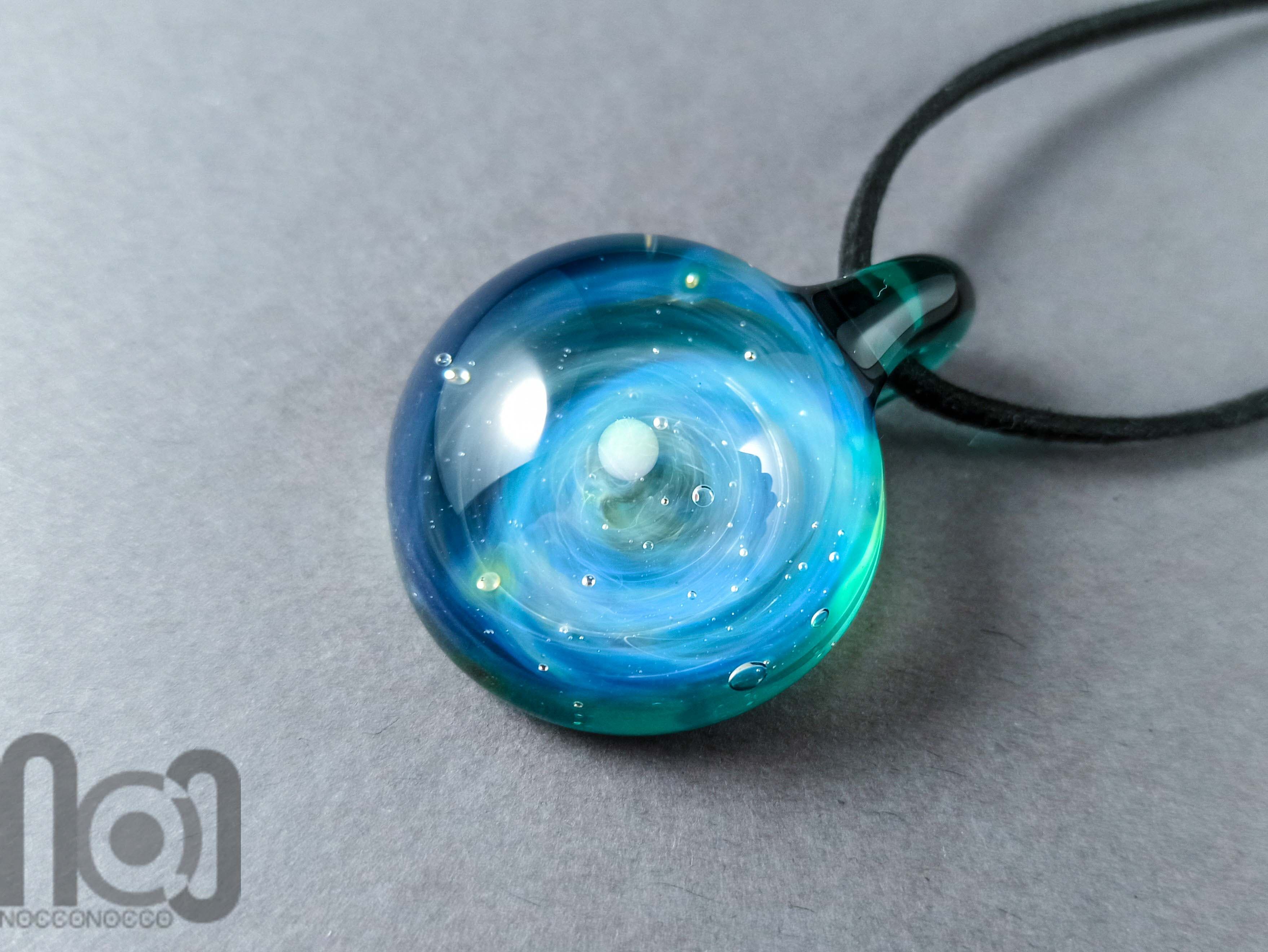 Heady Galaxy Pendant with An Opal Planet, v280 — handmade borosilicate glass by NoccoNocco, main view, made in Greece