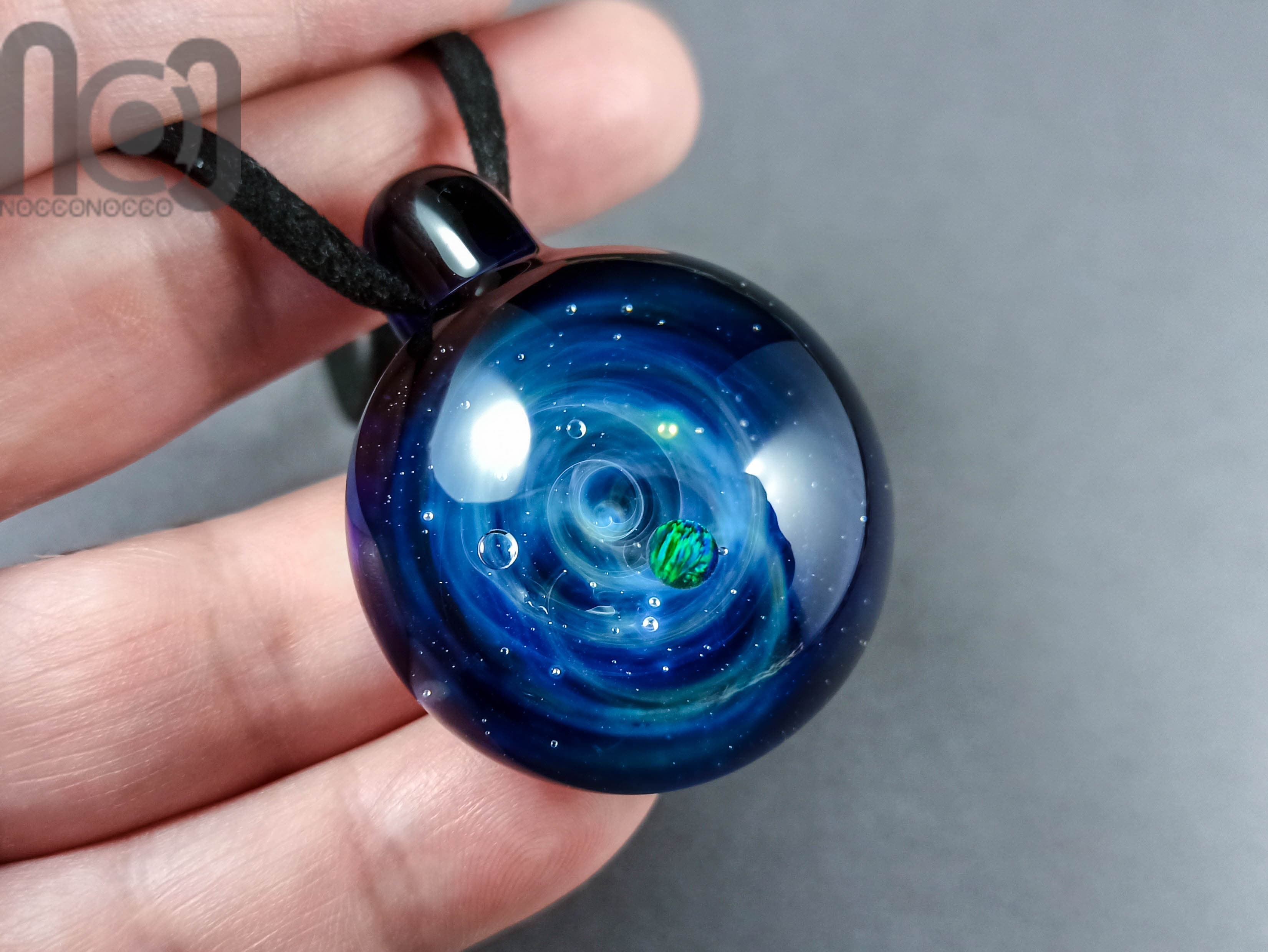 Heady Galaxy Pendant with An Opal Planet, v281 — handmade borosilicate glass by NoccoNocco, detail view 2 of 3, made in Greece