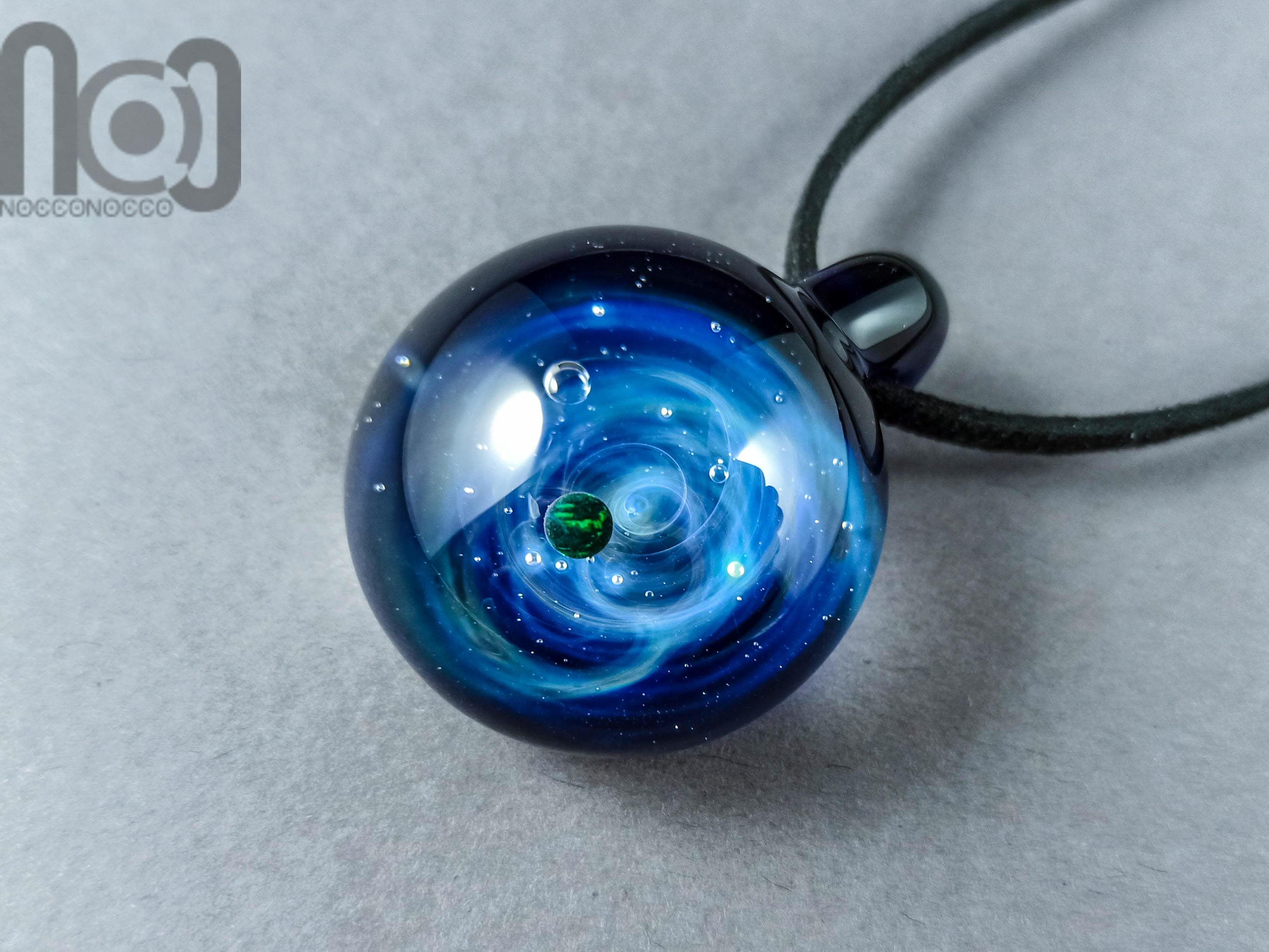 Heady Galaxy Pendant with An Opal Planet, v281 — handmade borosilicate glass by NoccoNocco, main view, made in Greece