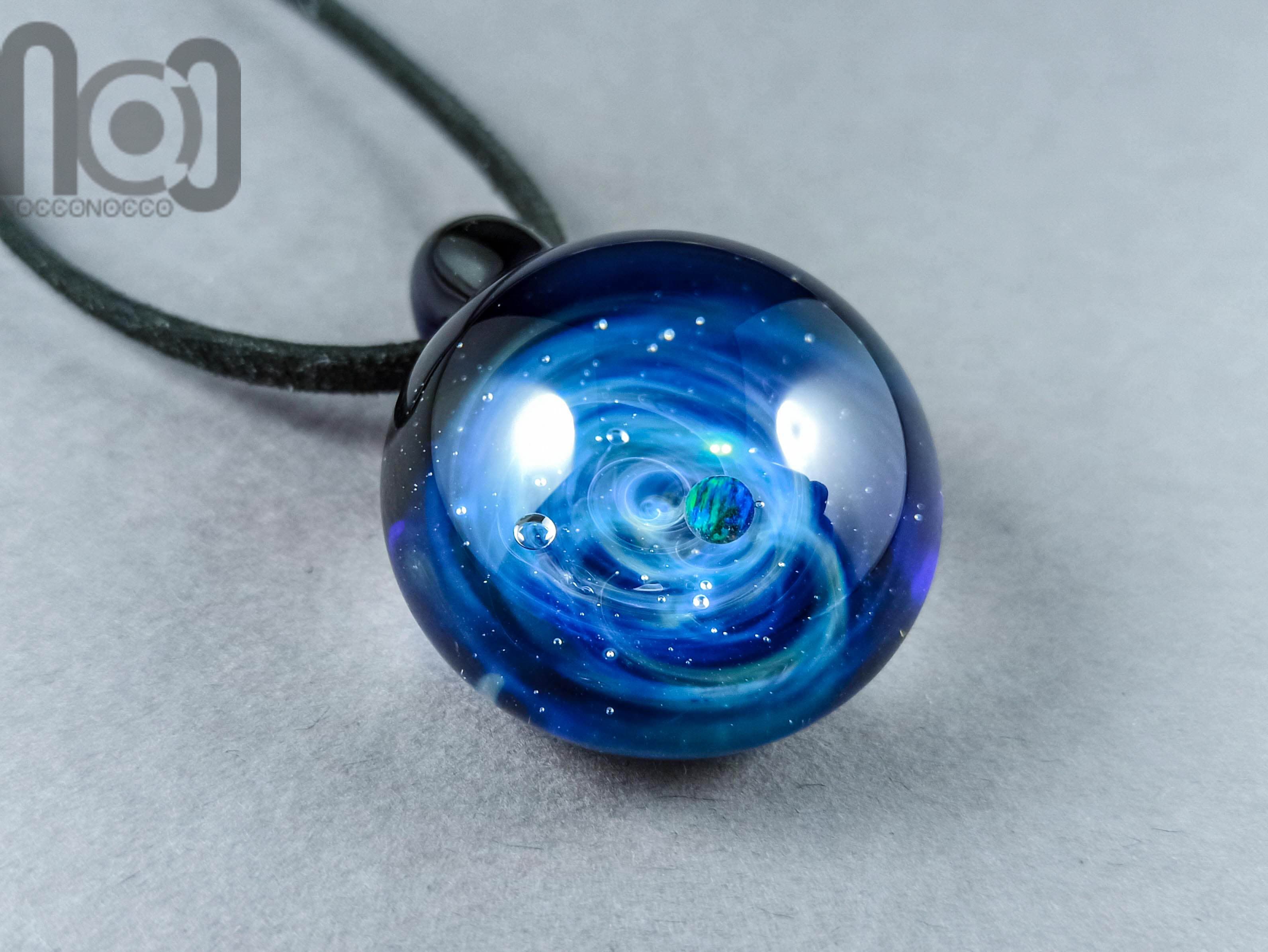 Heady Galaxy Pendant with An Opal Planet, v281 — handmade borosilicate glass by NoccoNocco, detail view 3 of 3, made in Greece