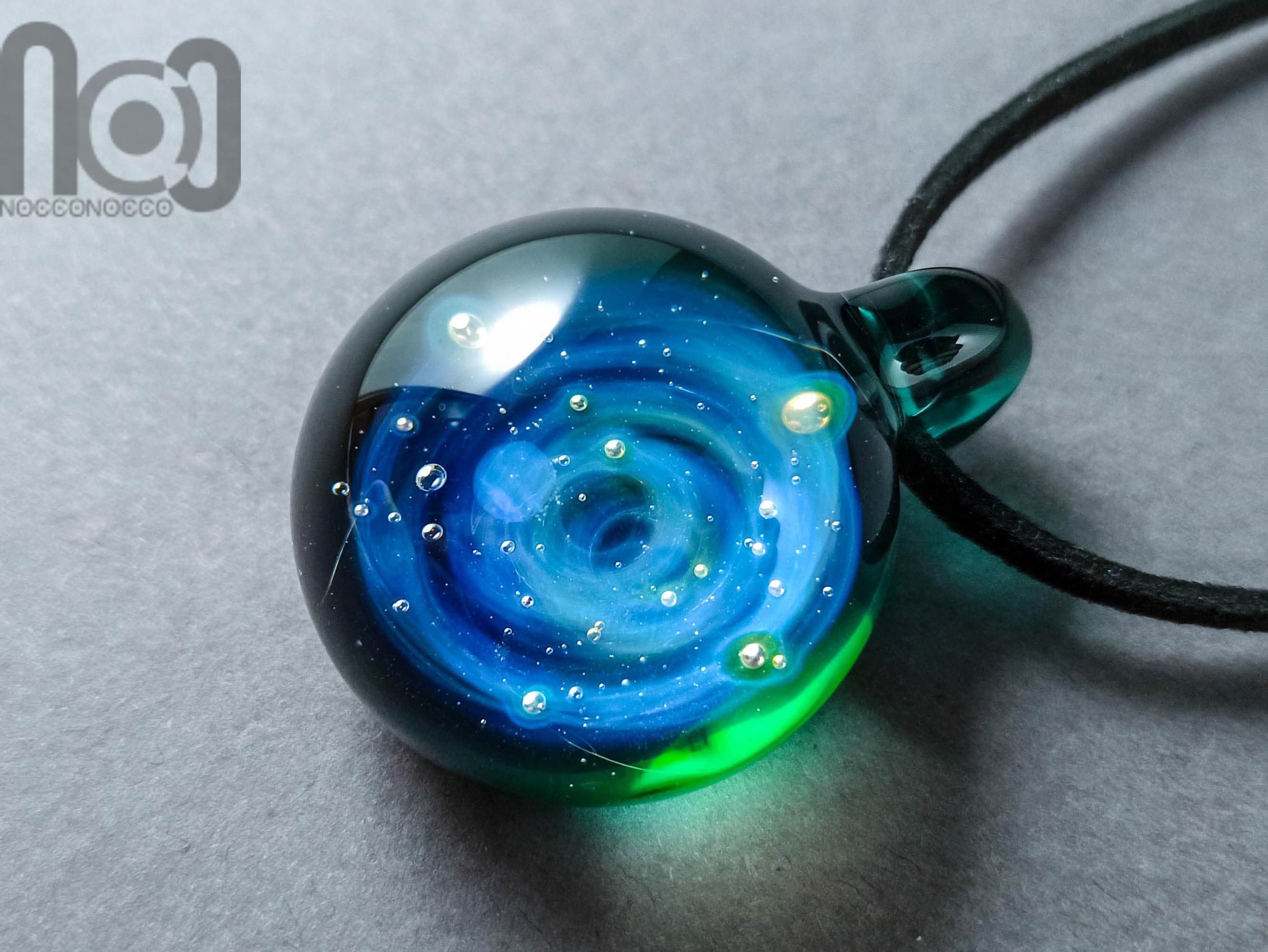 Heady Galaxy Pendant with An Opal Planet, v282 — handmade borosilicate glass by NoccoNocco, main view, made in Greece