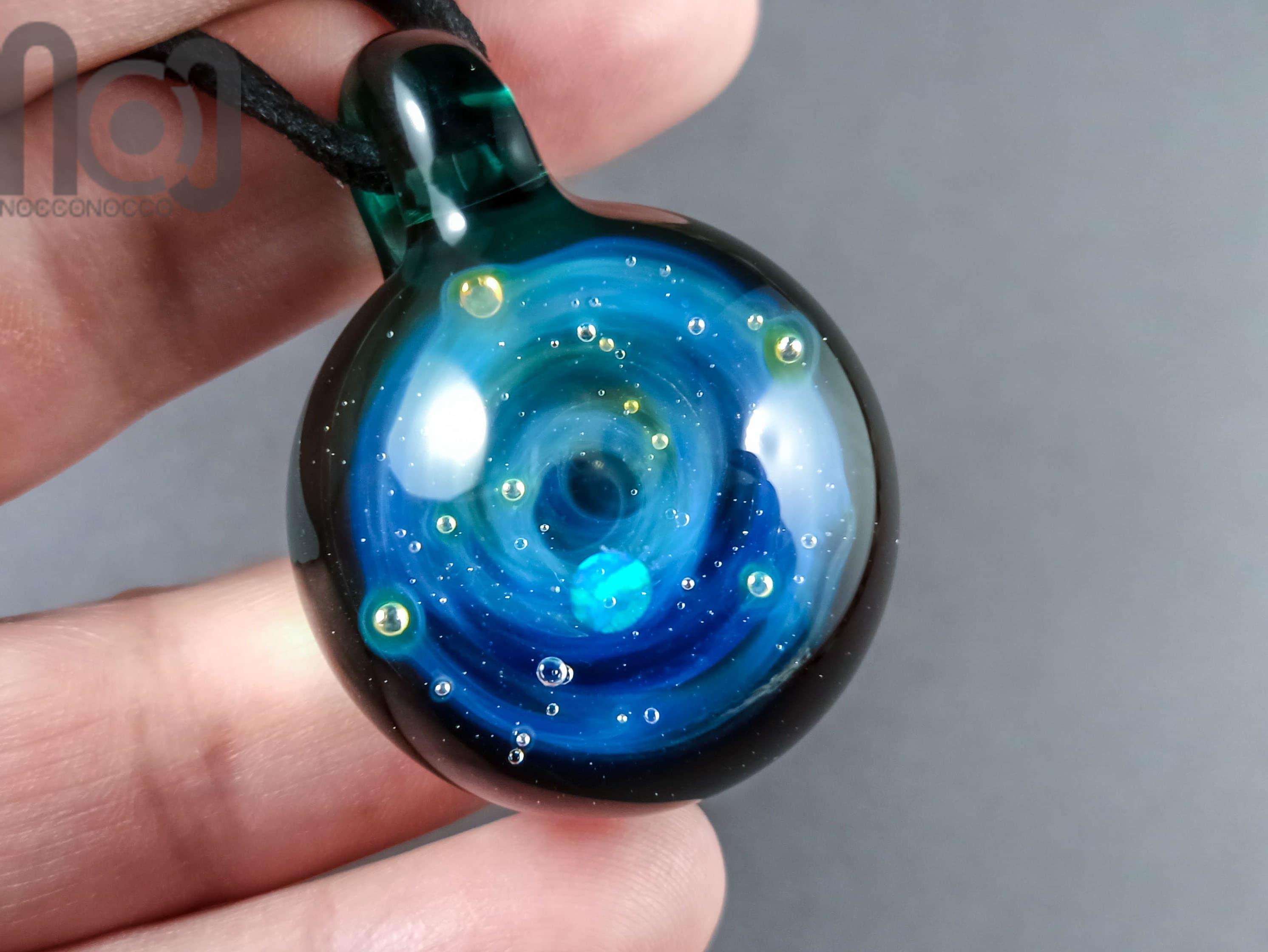 Heady Galaxy Pendant with An Opal Planet, v282 — handmade borosilicate glass by NoccoNocco, detail view 3 of 3, made in Greece