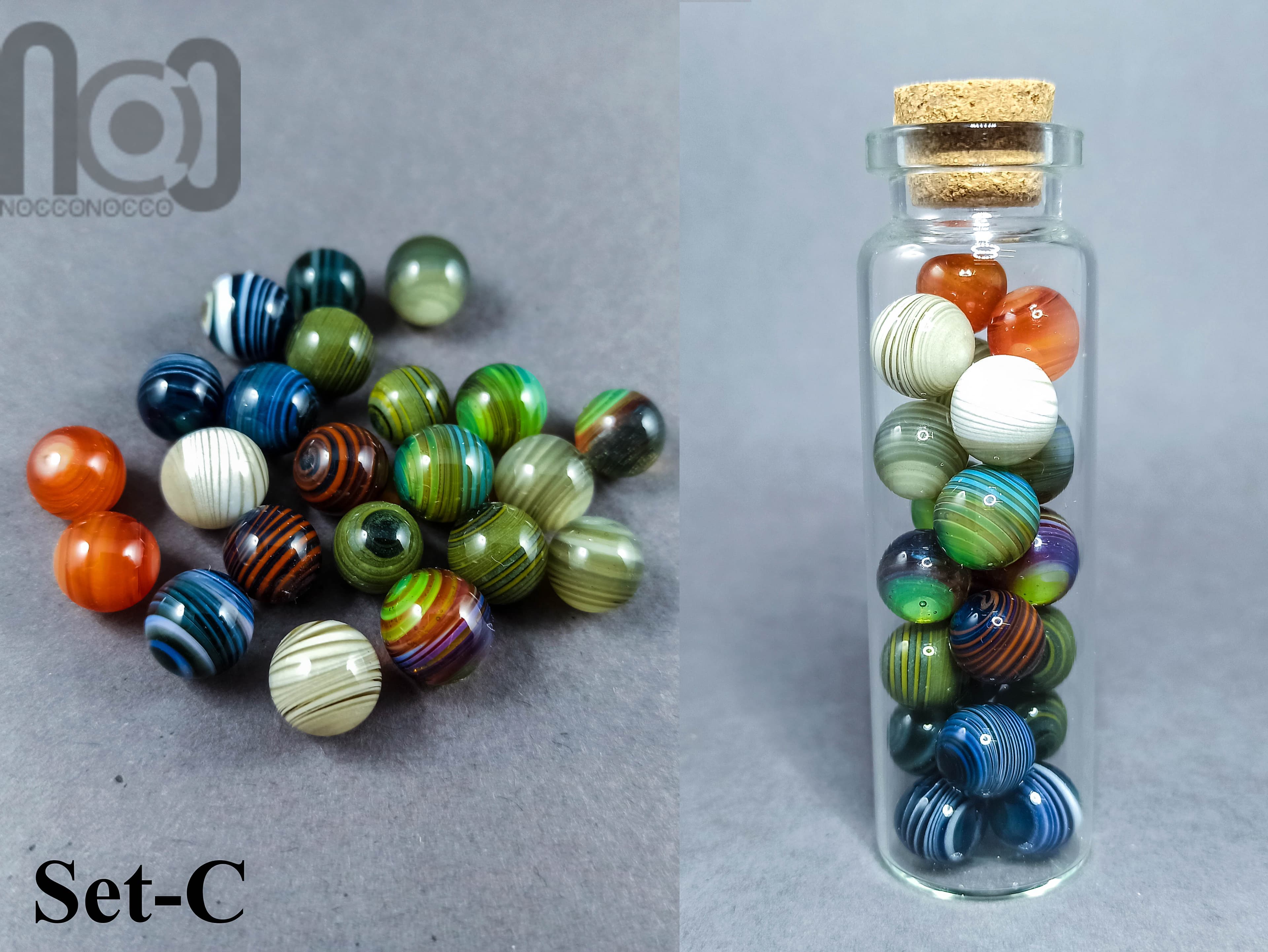 Mini Jar filled with tiny marbles, set-C — handmade borosilicate glass by NoccoNocco, main view, made in Greece