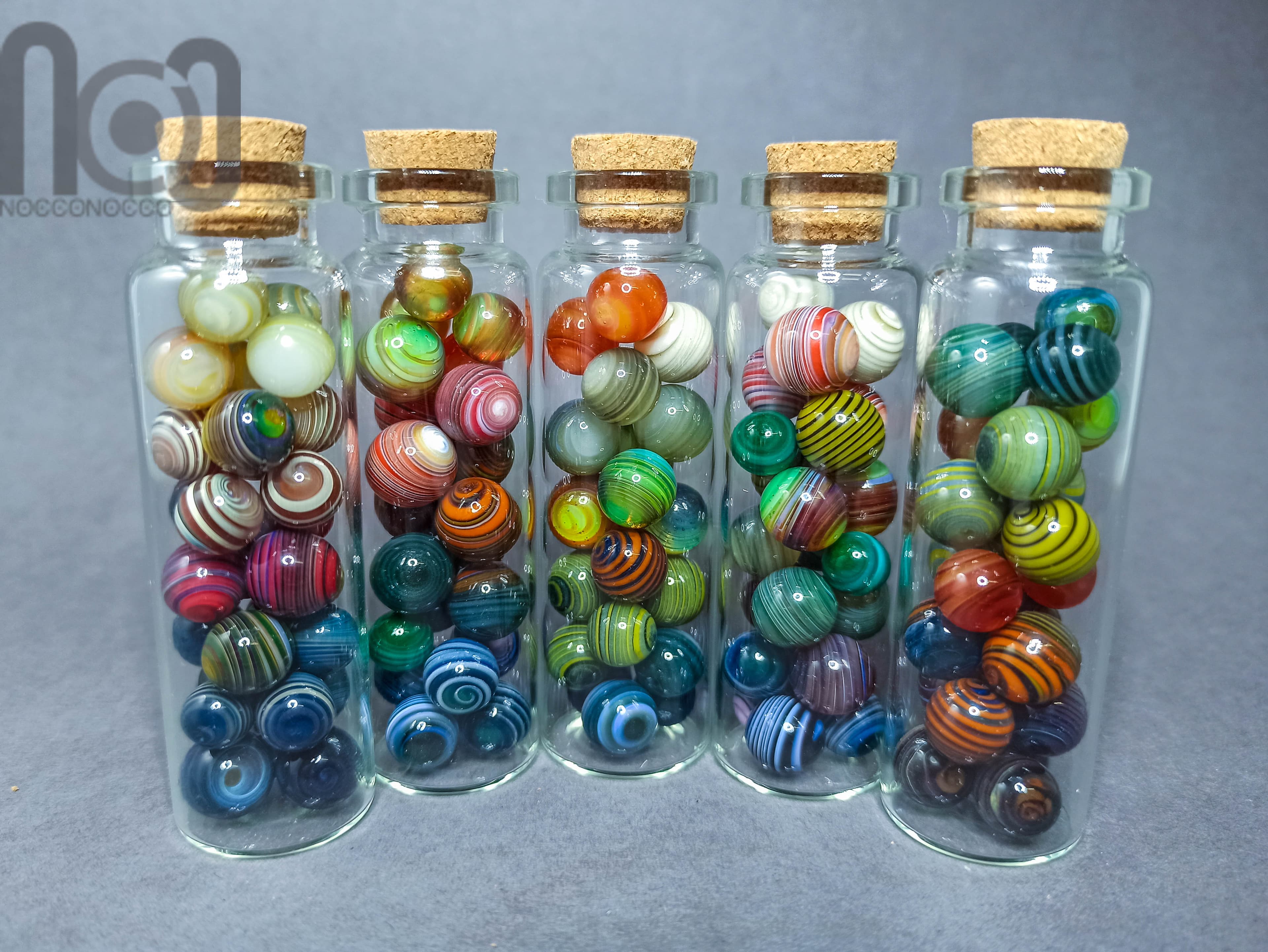 Mini Jar filled with tiny marbles, set-G — handmade borosilicate glass by NoccoNocco, detail view 2 of 2, made in Greece