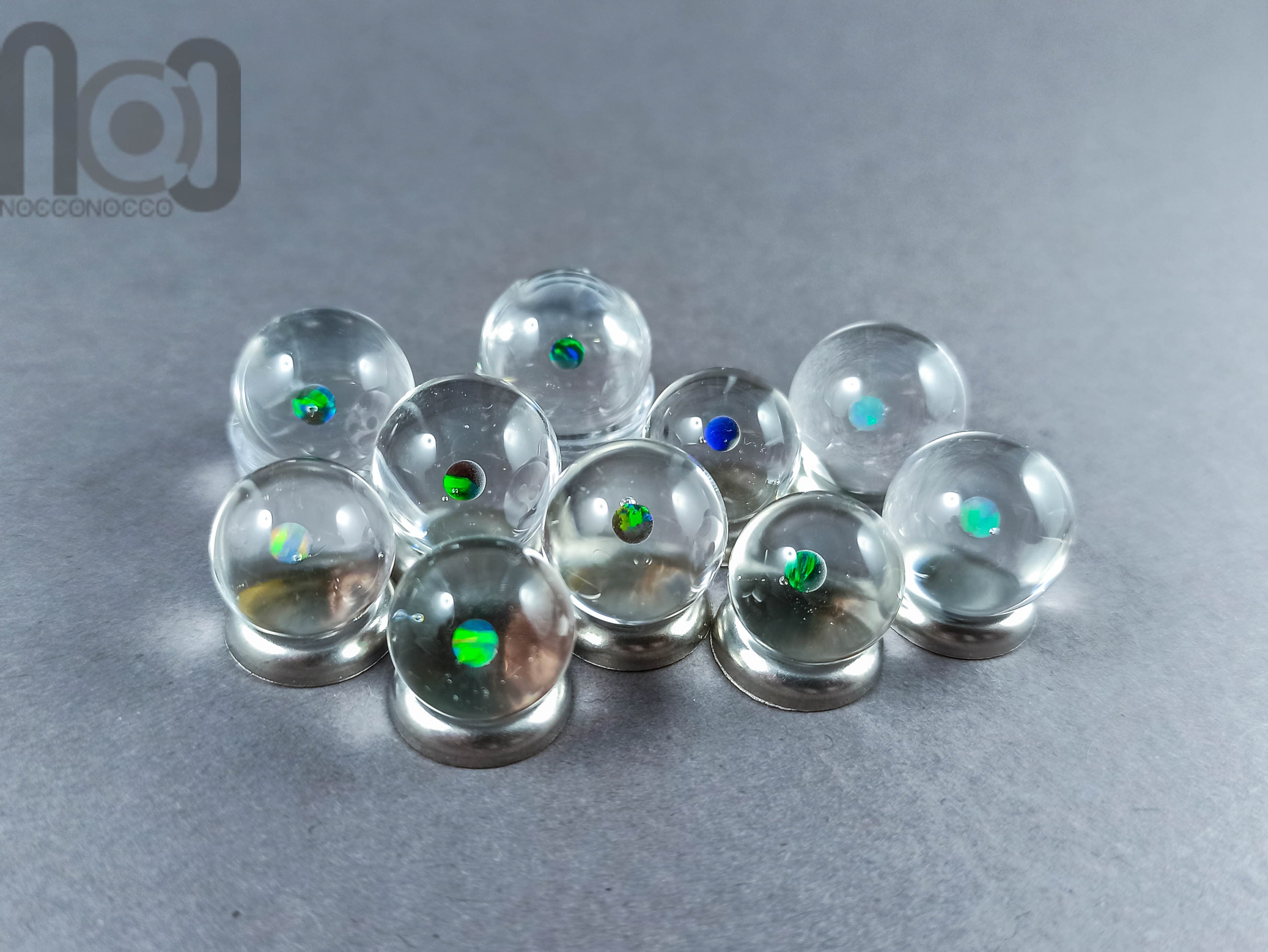 Tiny Clear Glass Marbles with Opals — handmade borosilicate glass by NoccoNocco, main view, made in Greece