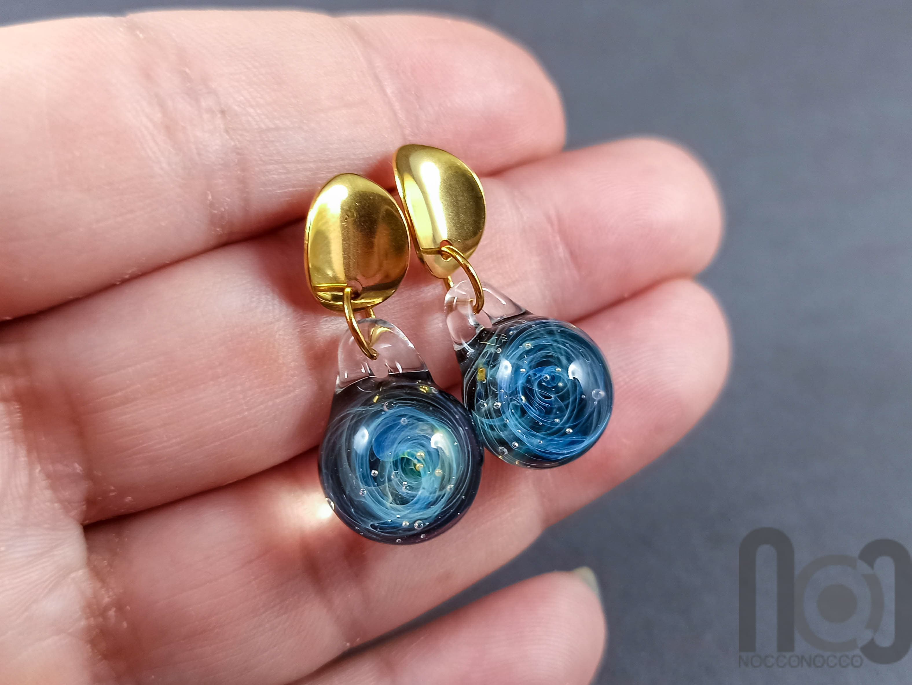 Galaxy Earrings — handmade borosilicate glass by NoccoNocco, detail view 2 of 3, made in Greece