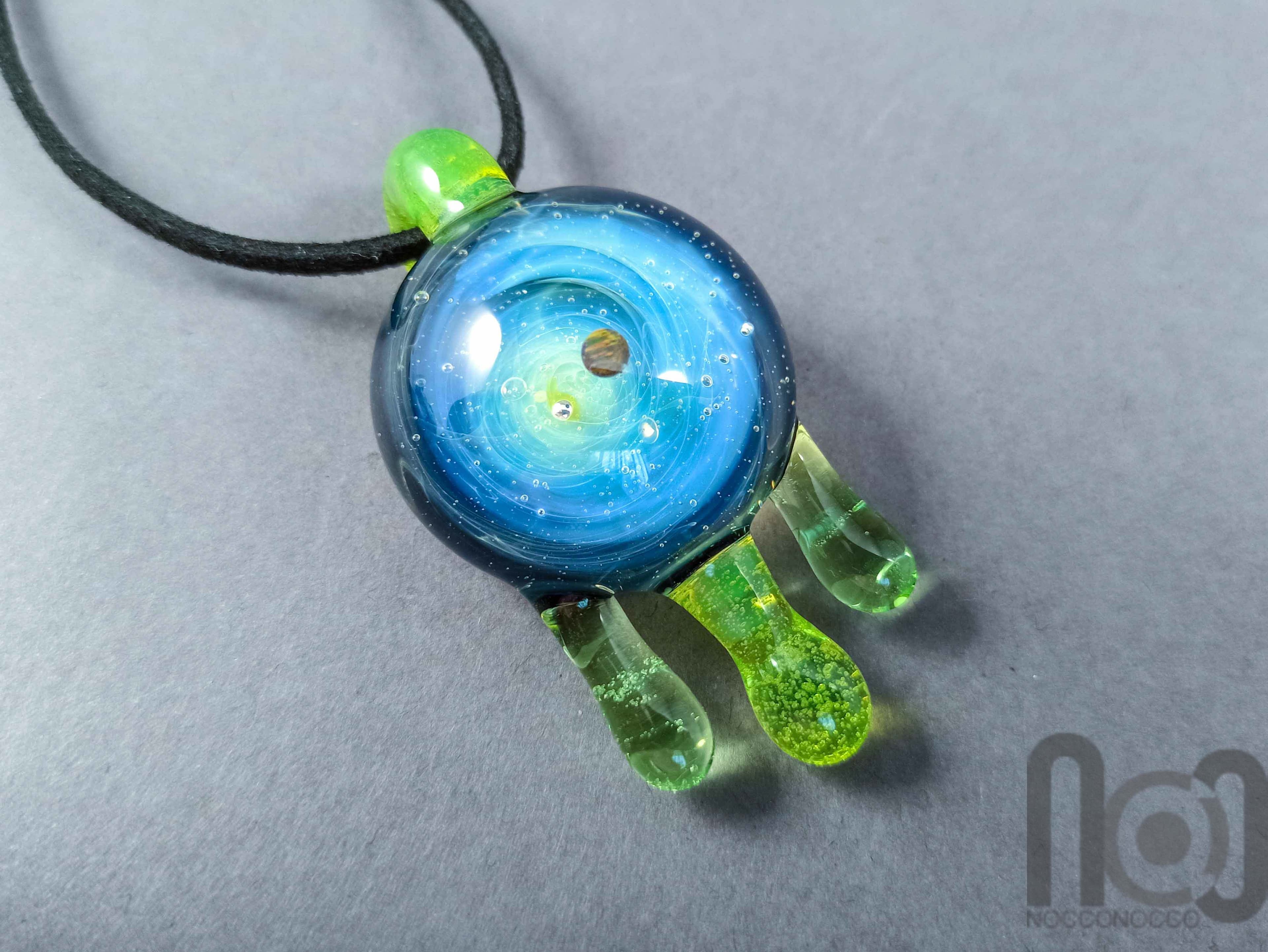 Dripping Galaxy Pendant with Opal Planet, v295 — handmade borosilicate glass by NoccoNocco, main view, made in Greece