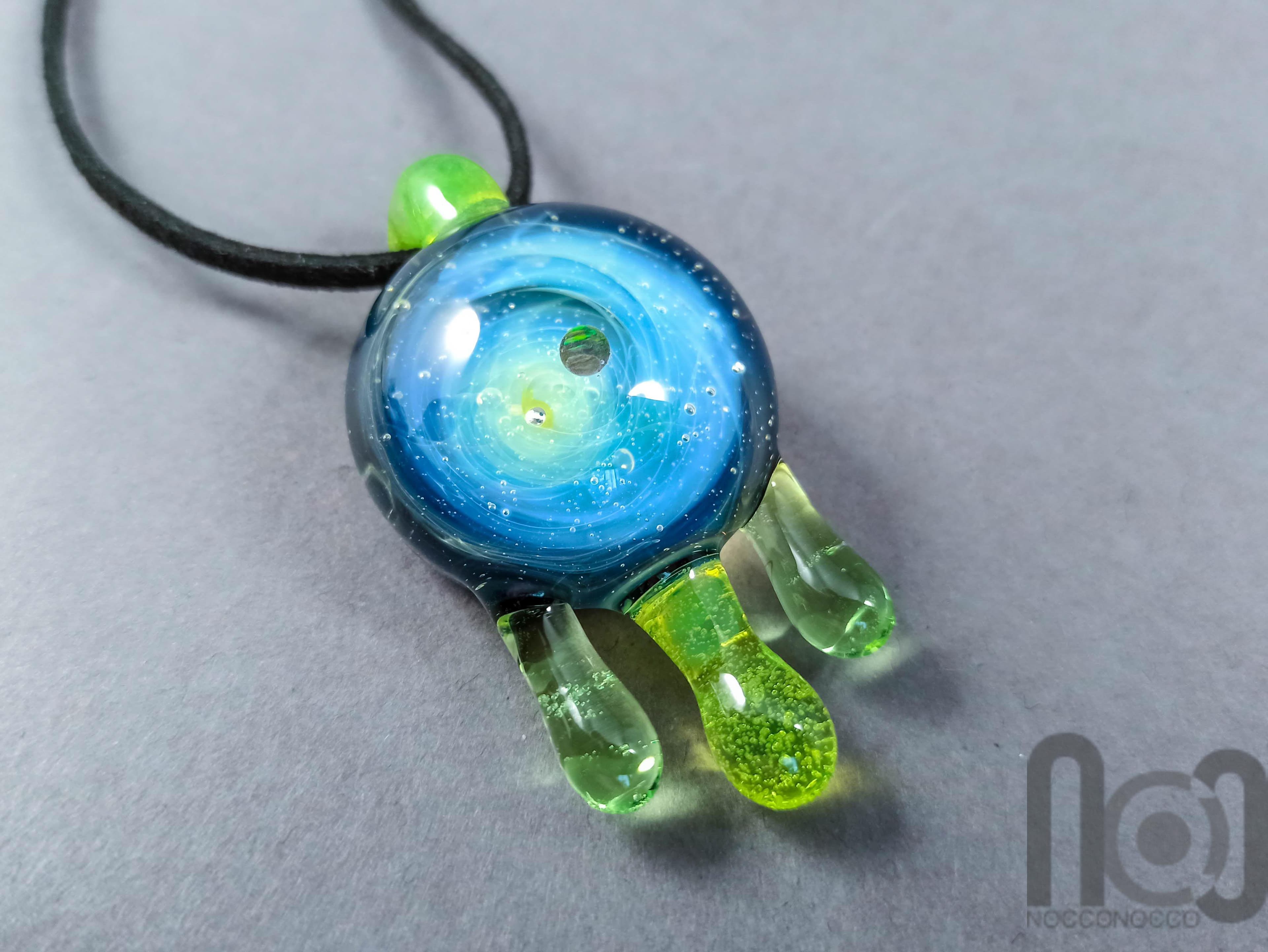 Dripping Galaxy Pendant with Opal Planet, v295 — handmade borosilicate glass by NoccoNocco, detail view 2 of 6, made in Greece