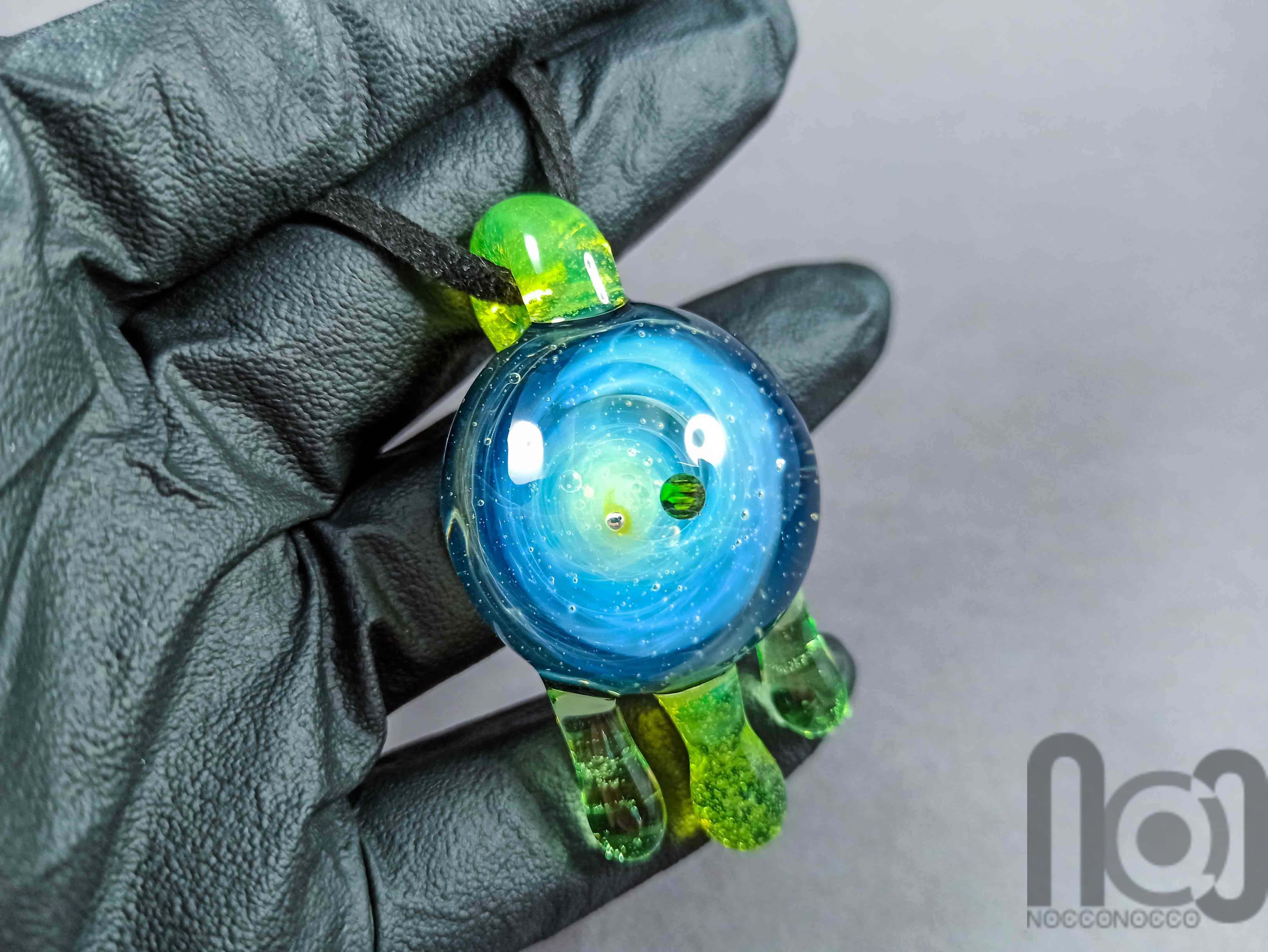 Dripping Galaxy Pendant with Opal Planet, v295 — handmade borosilicate glass by NoccoNocco, detail view 5 of 6, made in Greece
