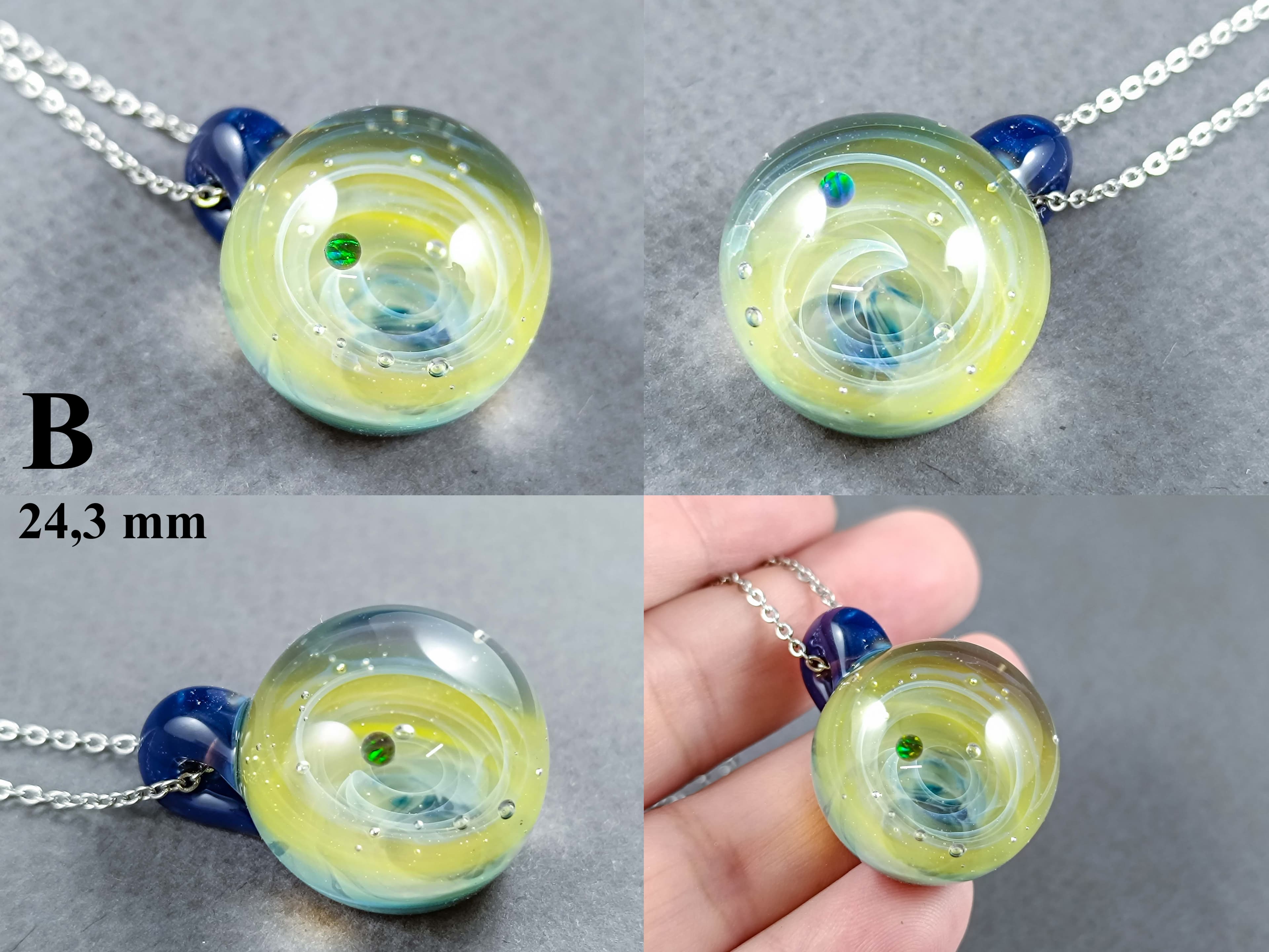 Tiny Galaxy Pendant with an Opal Planet, v299 — handmade borosilicate glass by NoccoNocco, detail view 2 of 2, made in Greece