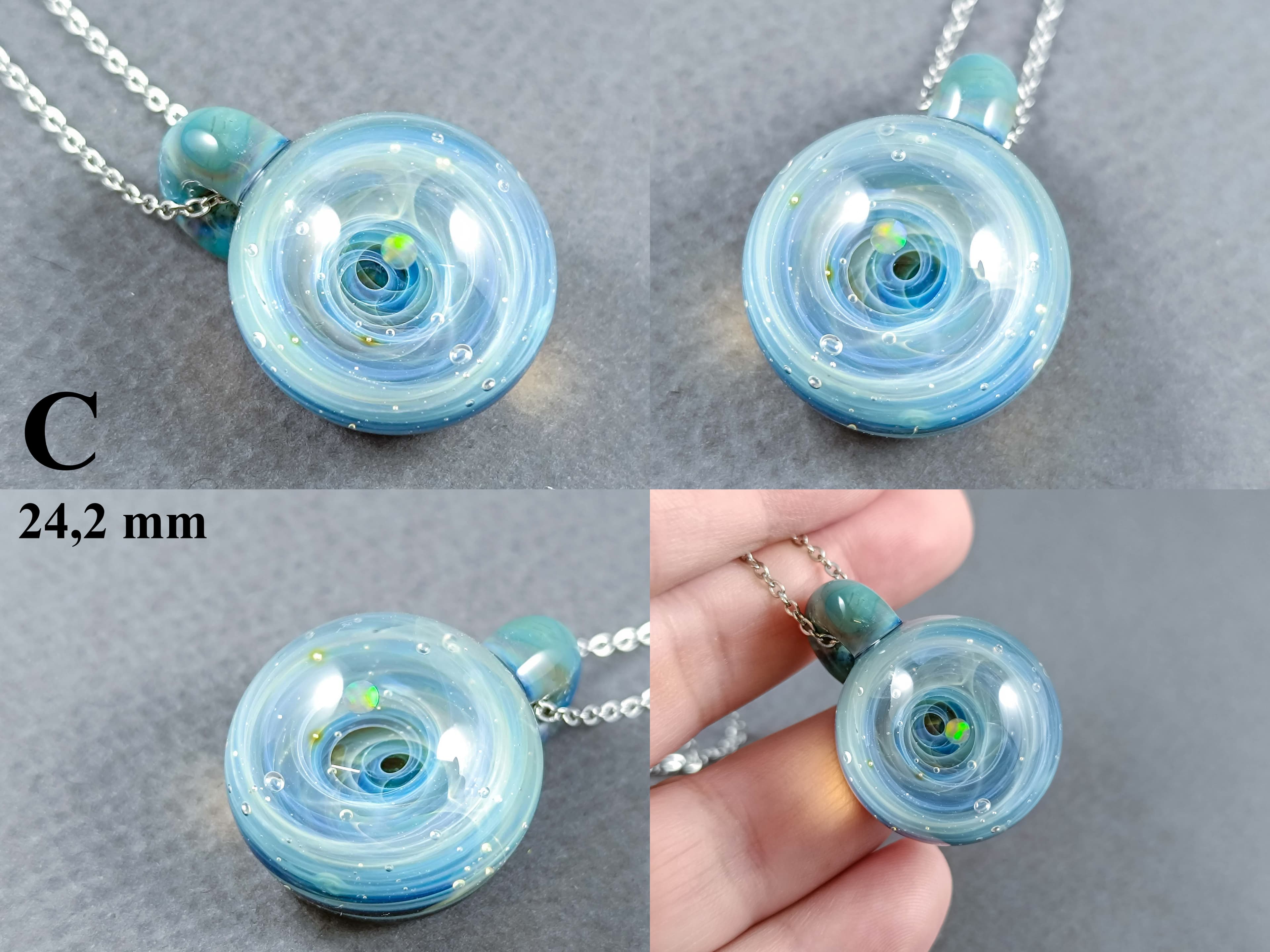 Tiny Galaxy Pendant with an Opal Planet, v300 — handmade borosilicate glass by NoccoNocco, detail view 2 of 2, made in Greece