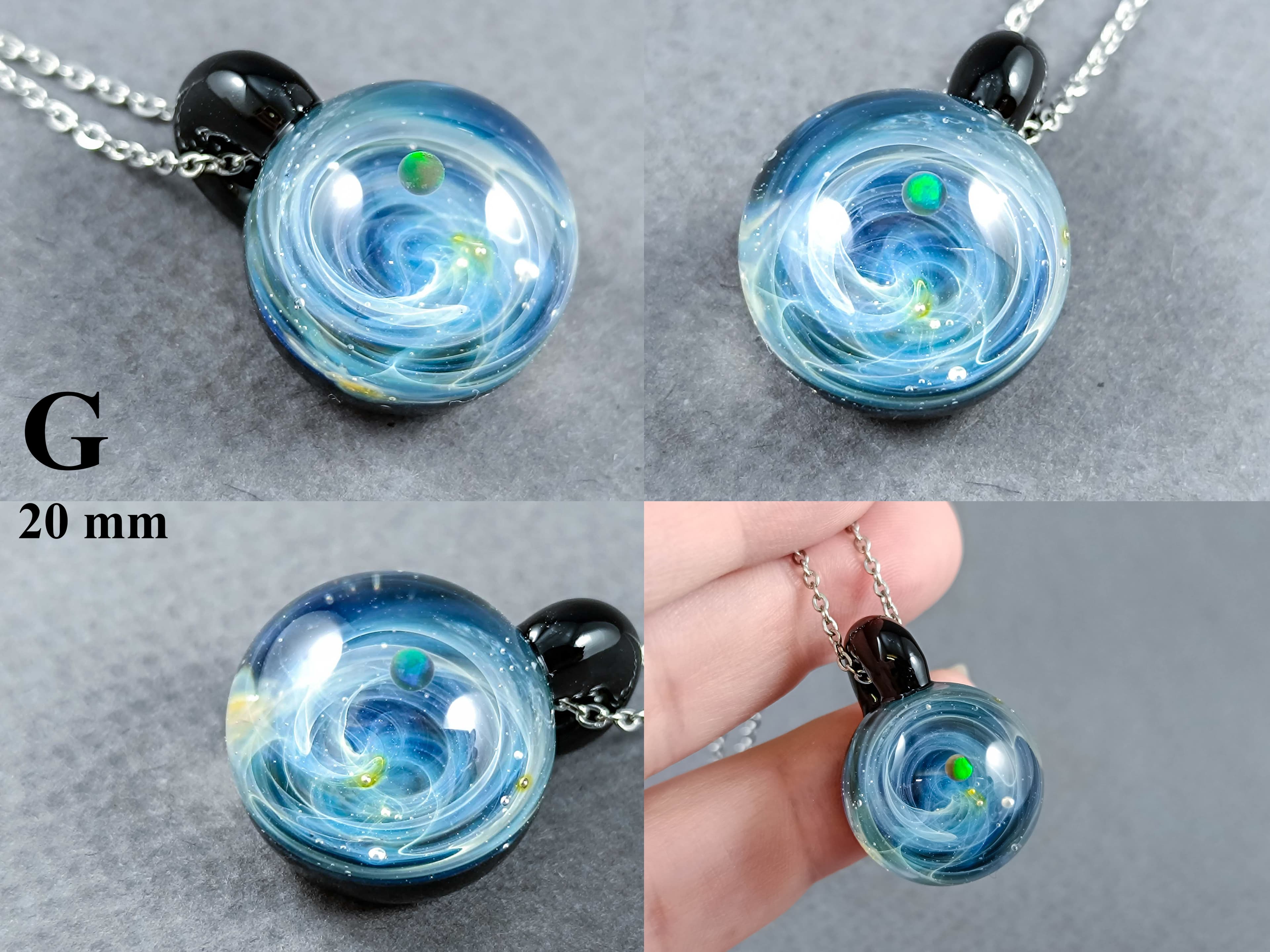 Tiny Galaxy Pendant with an Opal Planet, v304 — handmade borosilicate glass by NoccoNocco, detail view 2 of 2, made in Greece