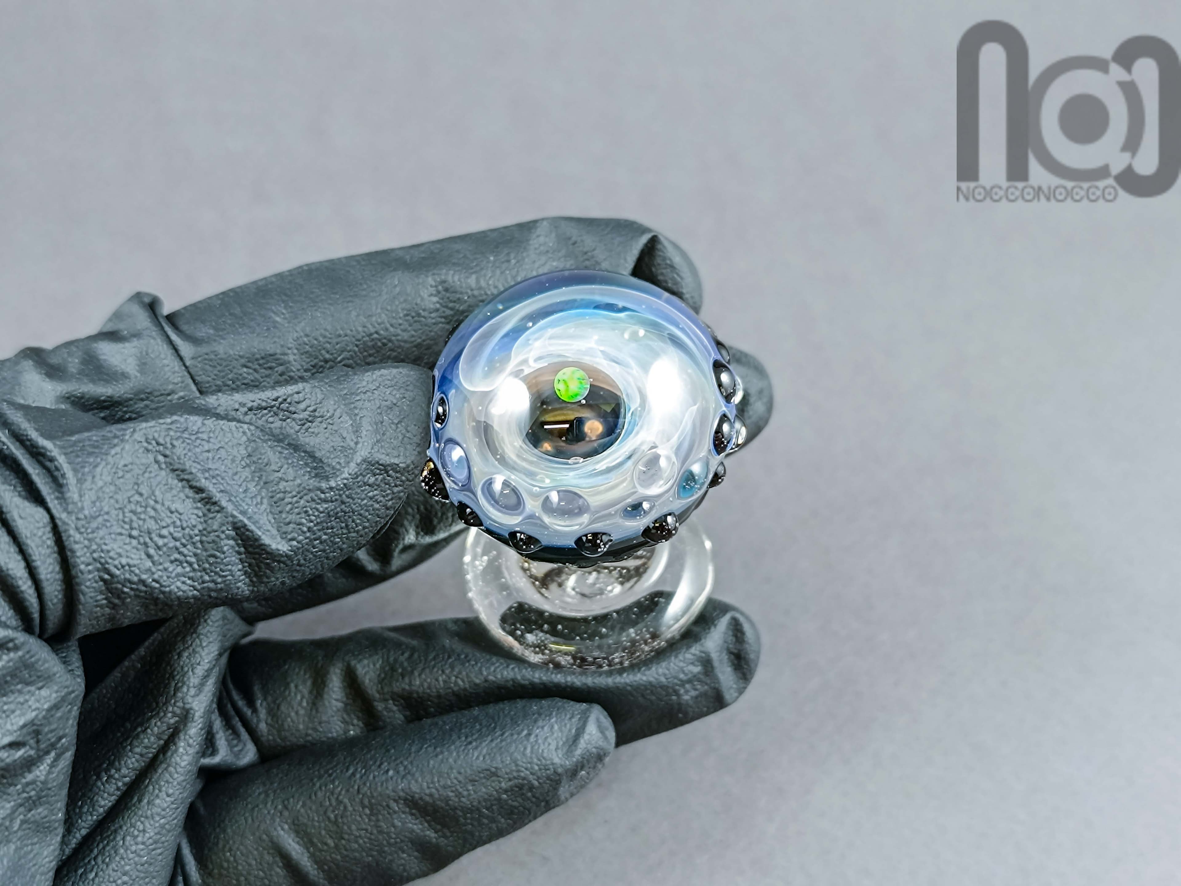 UV Reactive Galaxy Mushroom With An Opal Planet, v484 — handmade borosilicate glass by NoccoNocco, detail view 5 of 5, made in Greece