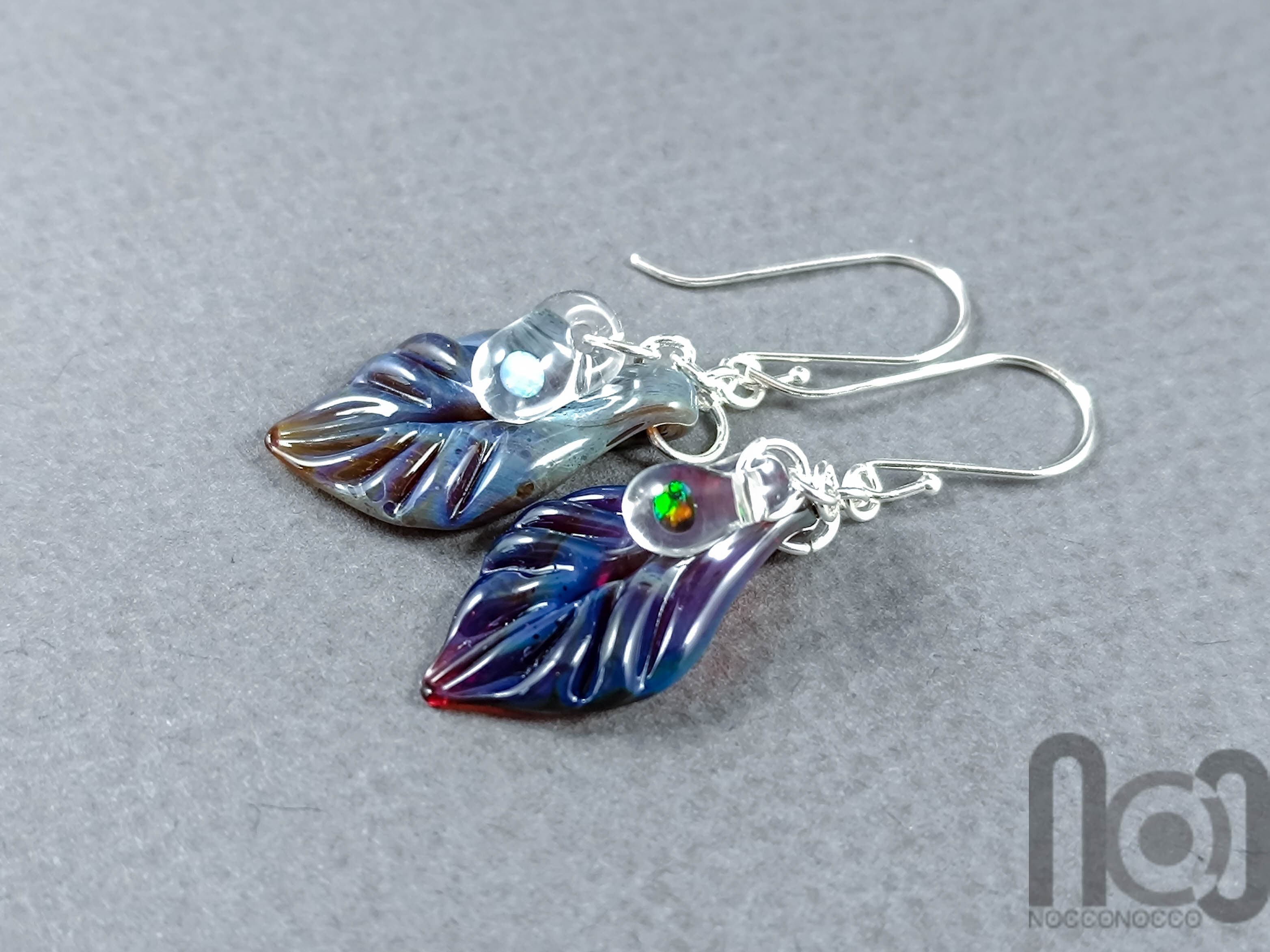 Mismatched leaf earrings with opals, v162 — handmade borosilicate glass by NoccoNocco, made in Greece