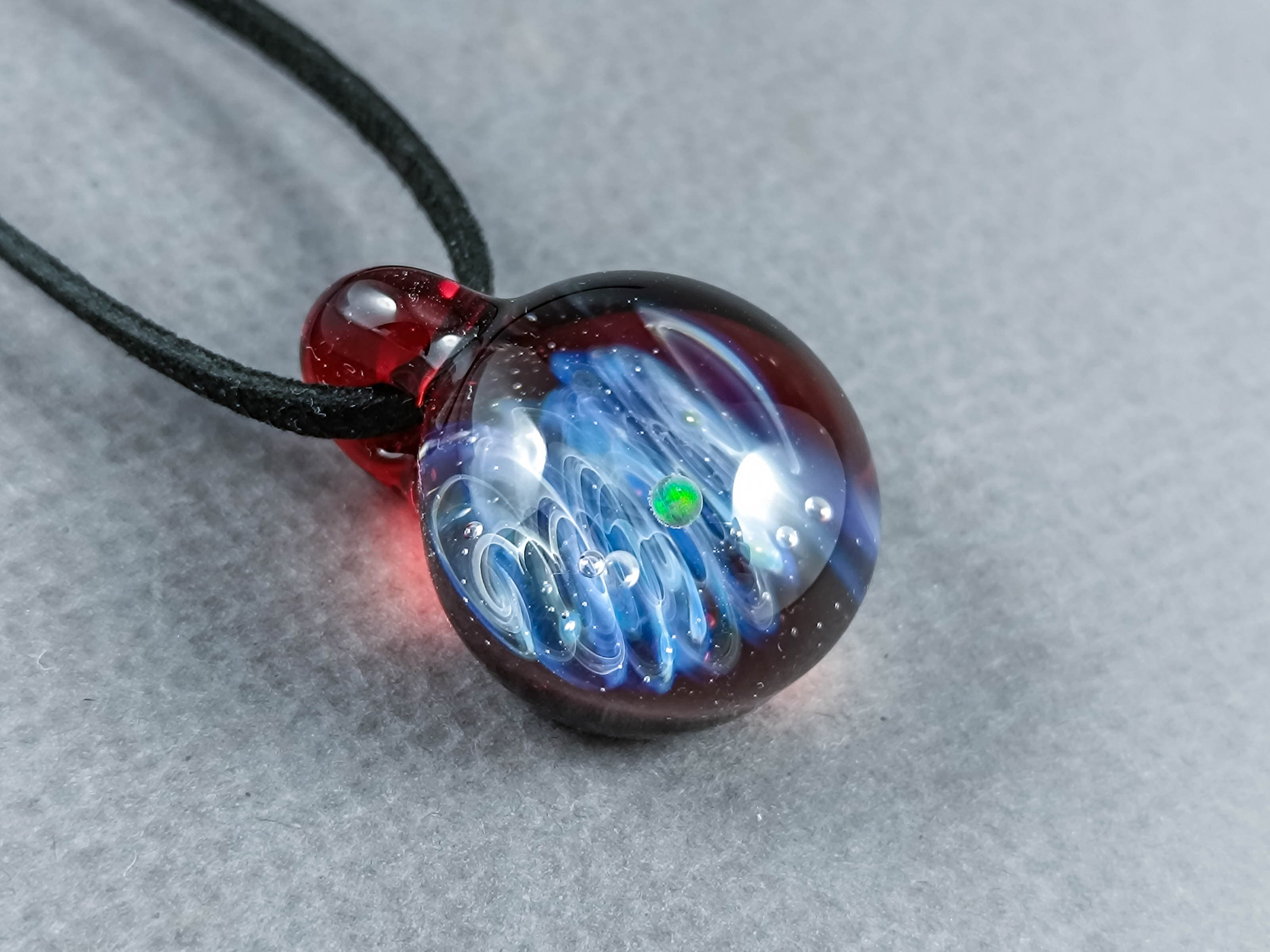 Galaxy Pendant with An Opal Planet, v316 — handmade borosilicate glass by NoccoNocco, main view, made in Greece