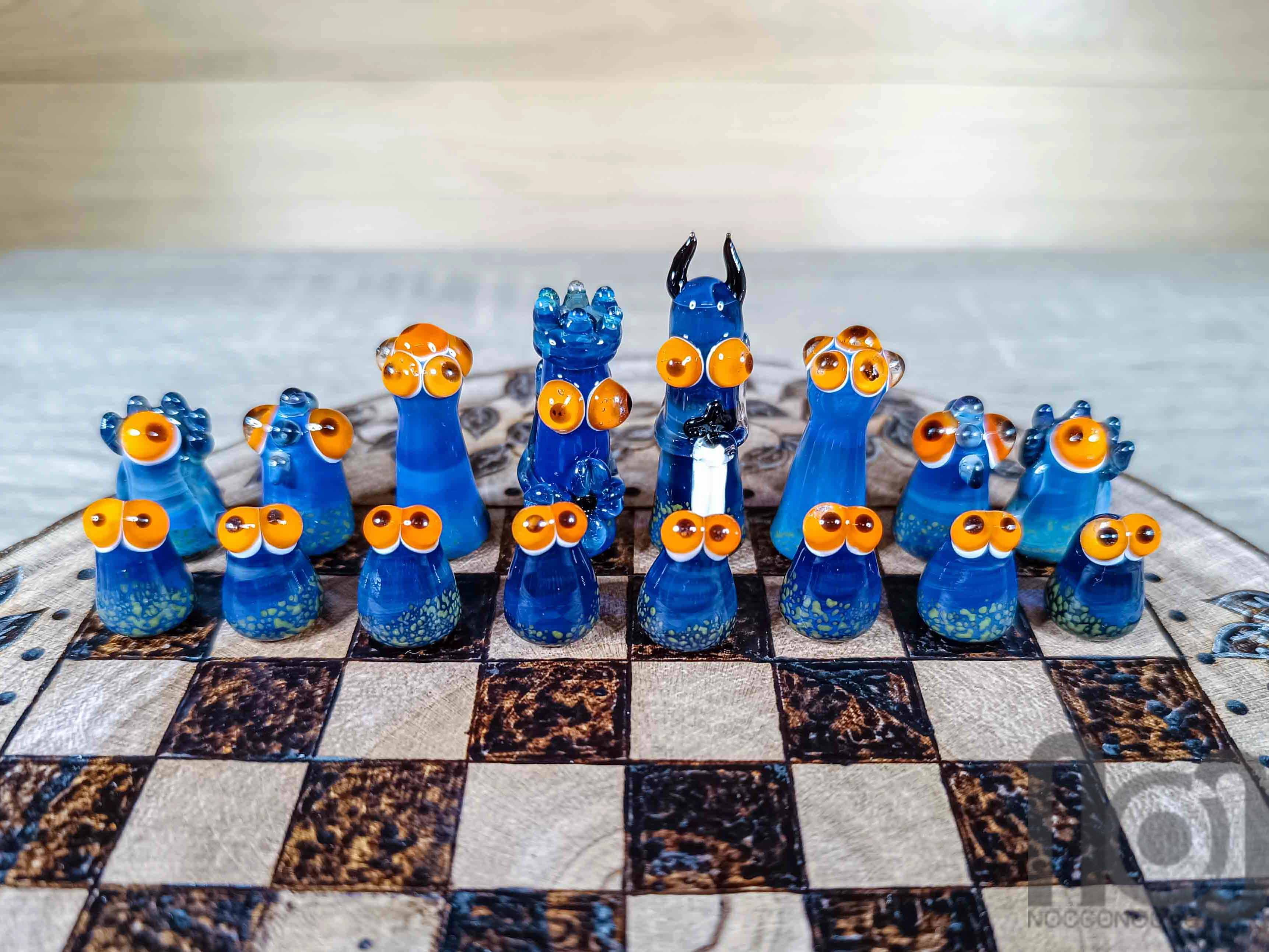 Monster Themed Handmade Glass Chess Set -v2 — handmade borosilicate glass by NoccoNocco, main view, made in Greece