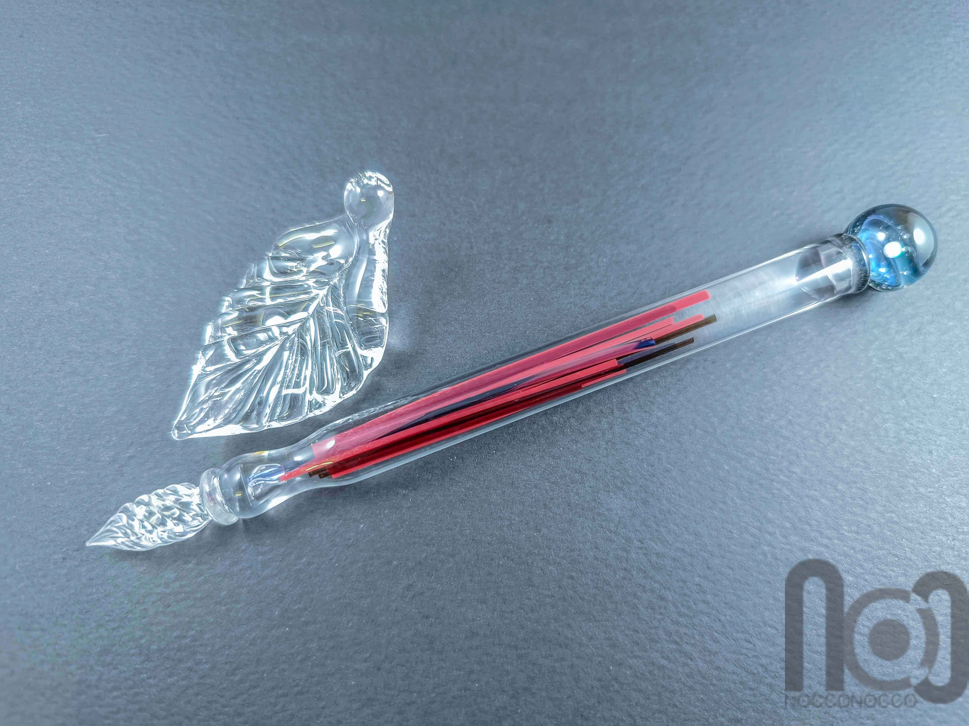 Glass Dip Pen filled with colorful glass pieces, and a galaxy marble on top, v095 — handmade borosilicate glass by NoccoNocco, detail view 2 of 4, made in Greece