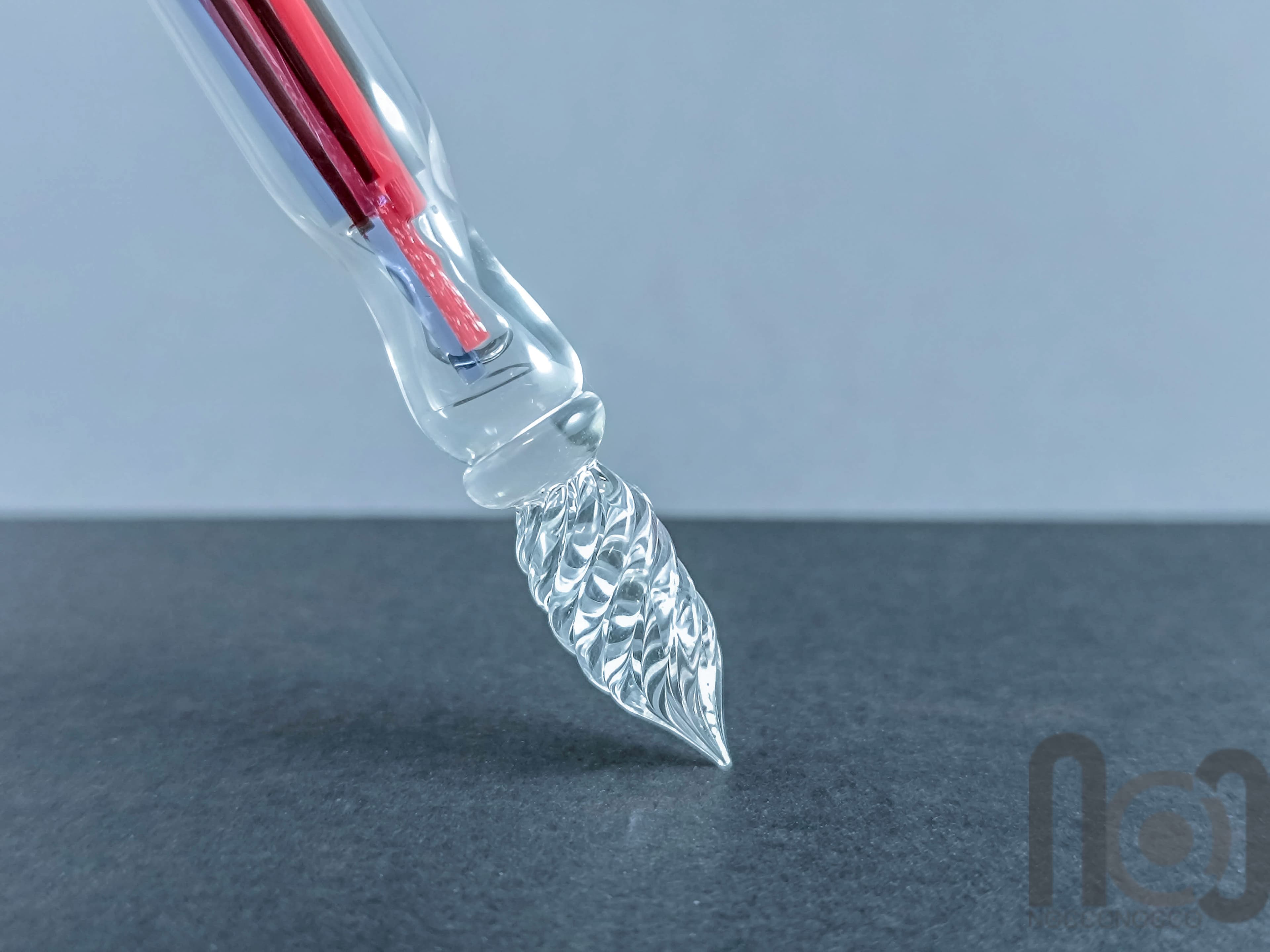 Glass Dip Pen filled with colorful glass pieces, and a galaxy marble on top, v095 — handmade borosilicate glass by NoccoNocco, detail view 3 of 4, made in Greece