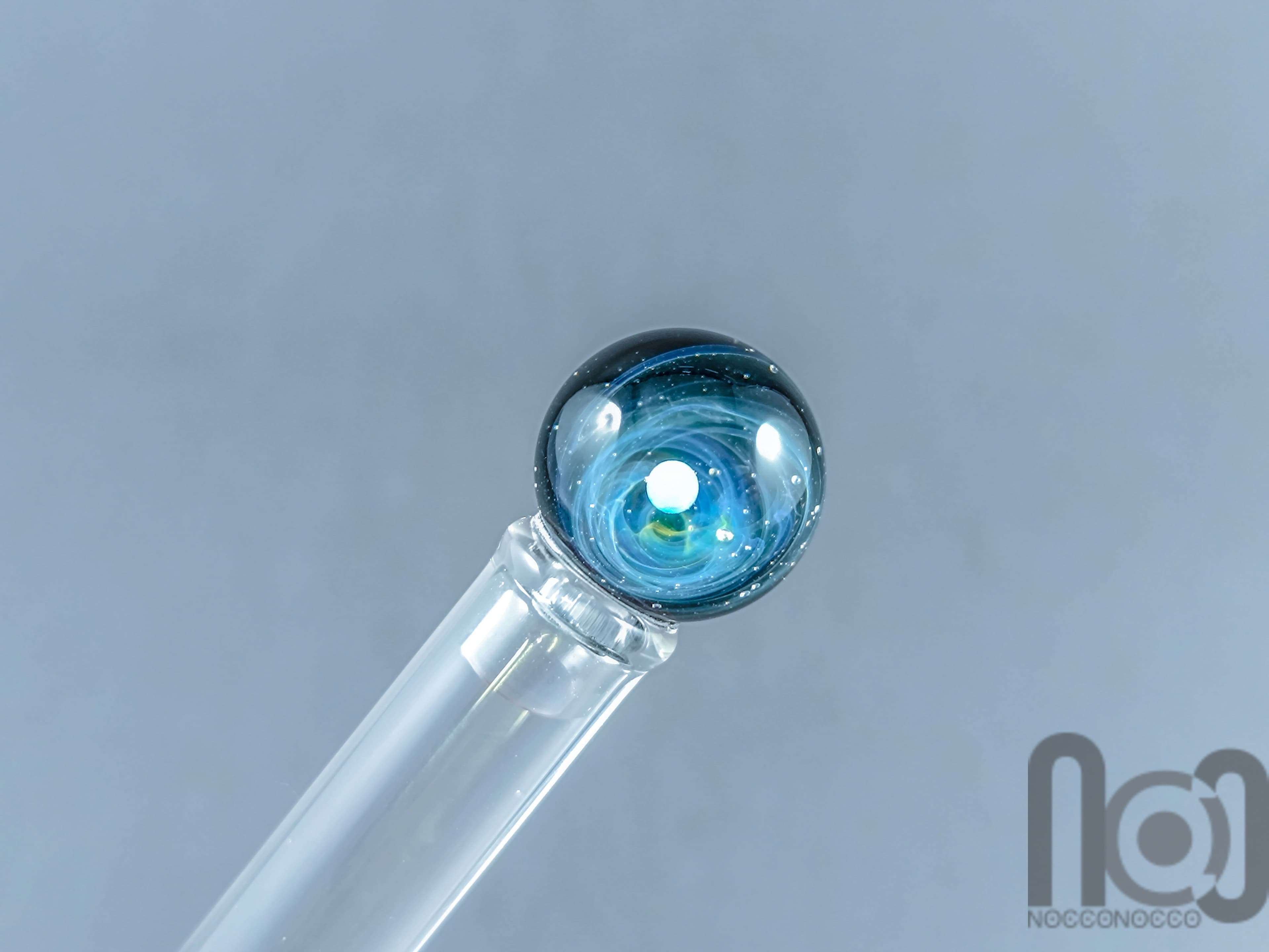 Glass Dip Pen filled with colorful glass pieces, and a galaxy marble on top, v095 — handmade borosilicate glass by NoccoNocco, detail view 4 of 4, made in Greece