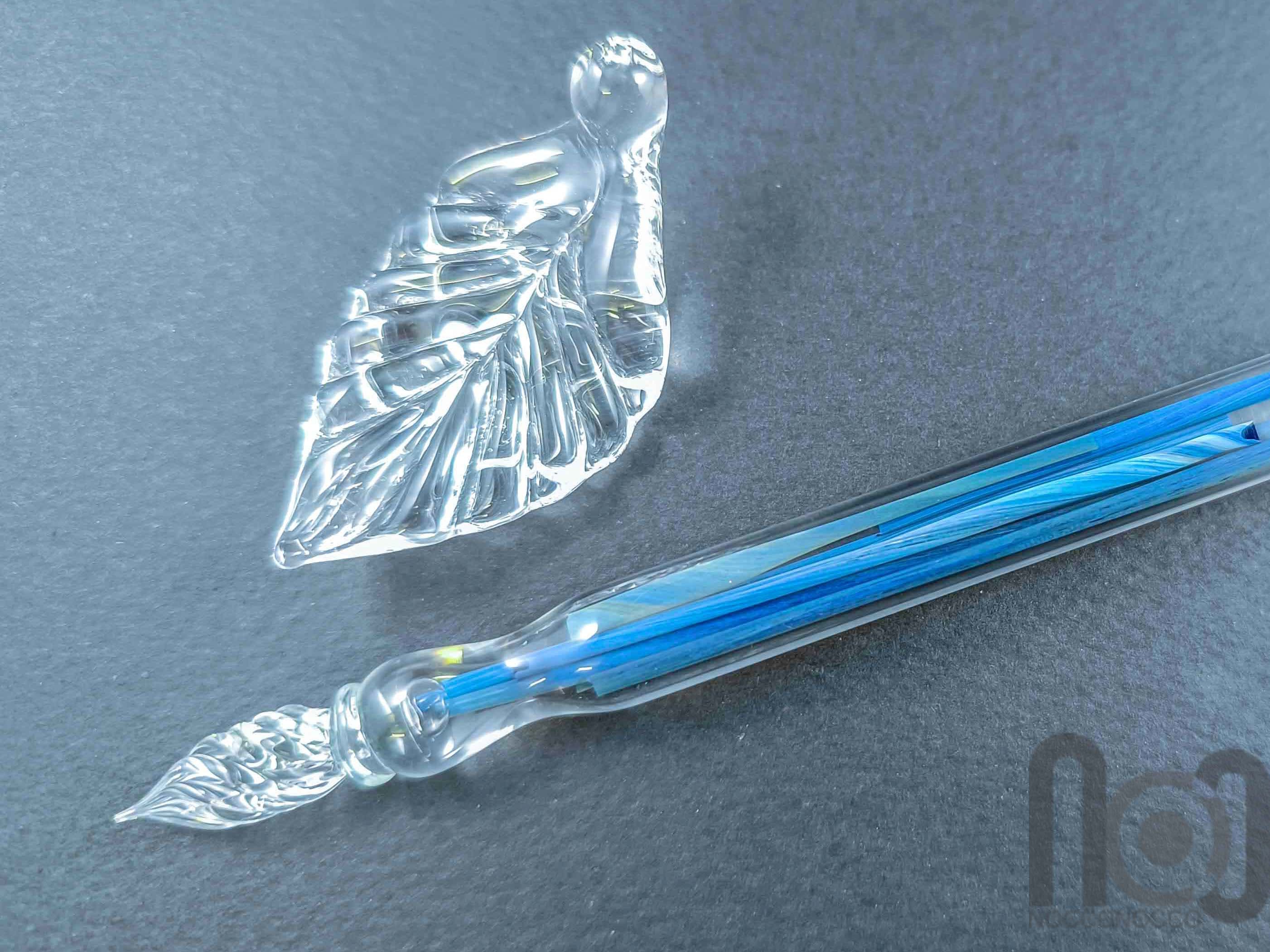 Glass Dip Pen filled with colorful glass pieces, and a galaxy marble on top, v096 — handmade borosilicate glass by NoccoNocco, main view, made in Greece