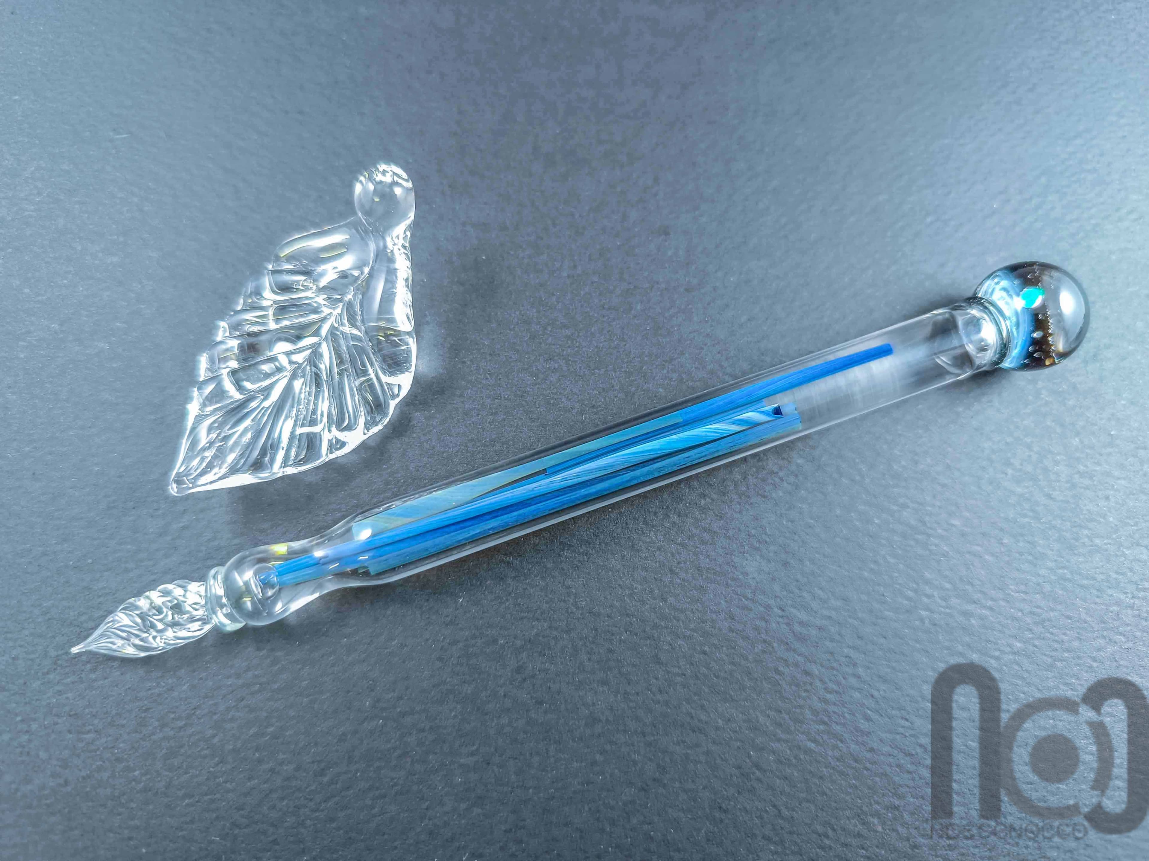 Glass Dip Pen filled with colorful glass pieces, and a galaxy marble on top, v096 — handmade borosilicate glass by NoccoNocco, detail view 2 of 4, made in Greece
