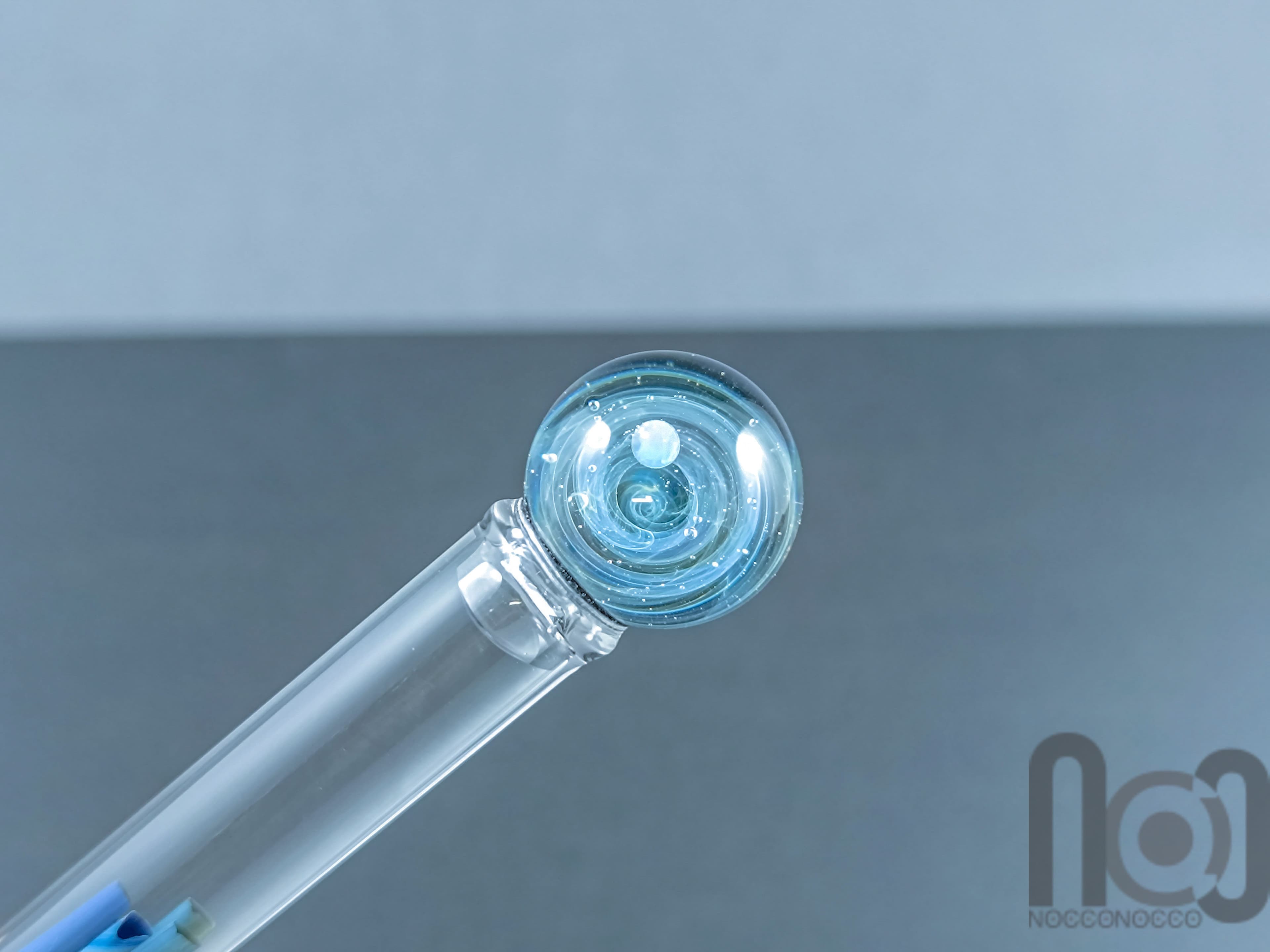 Glass Dip Pen filled with colorful glass pieces, and a galaxy marble on top, v096 — handmade borosilicate glass by NoccoNocco, detail view 4 of 4, made in Greece