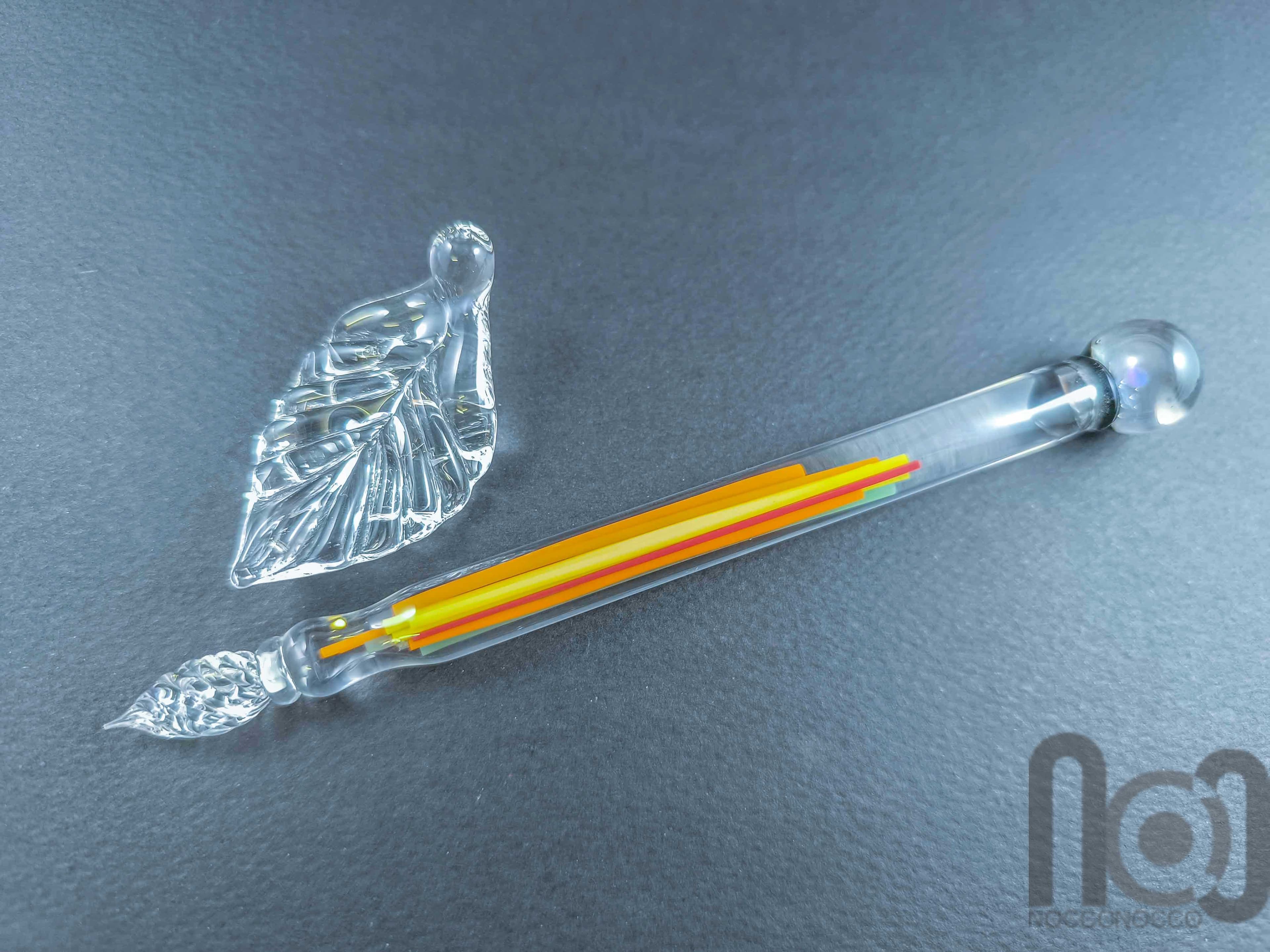 Glass Dip Pen filled with colorful glass pieces, and a galaxy marble on top, v097 — handmade borosilicate glass by NoccoNocco, detail view 2 of 4, made in Greece