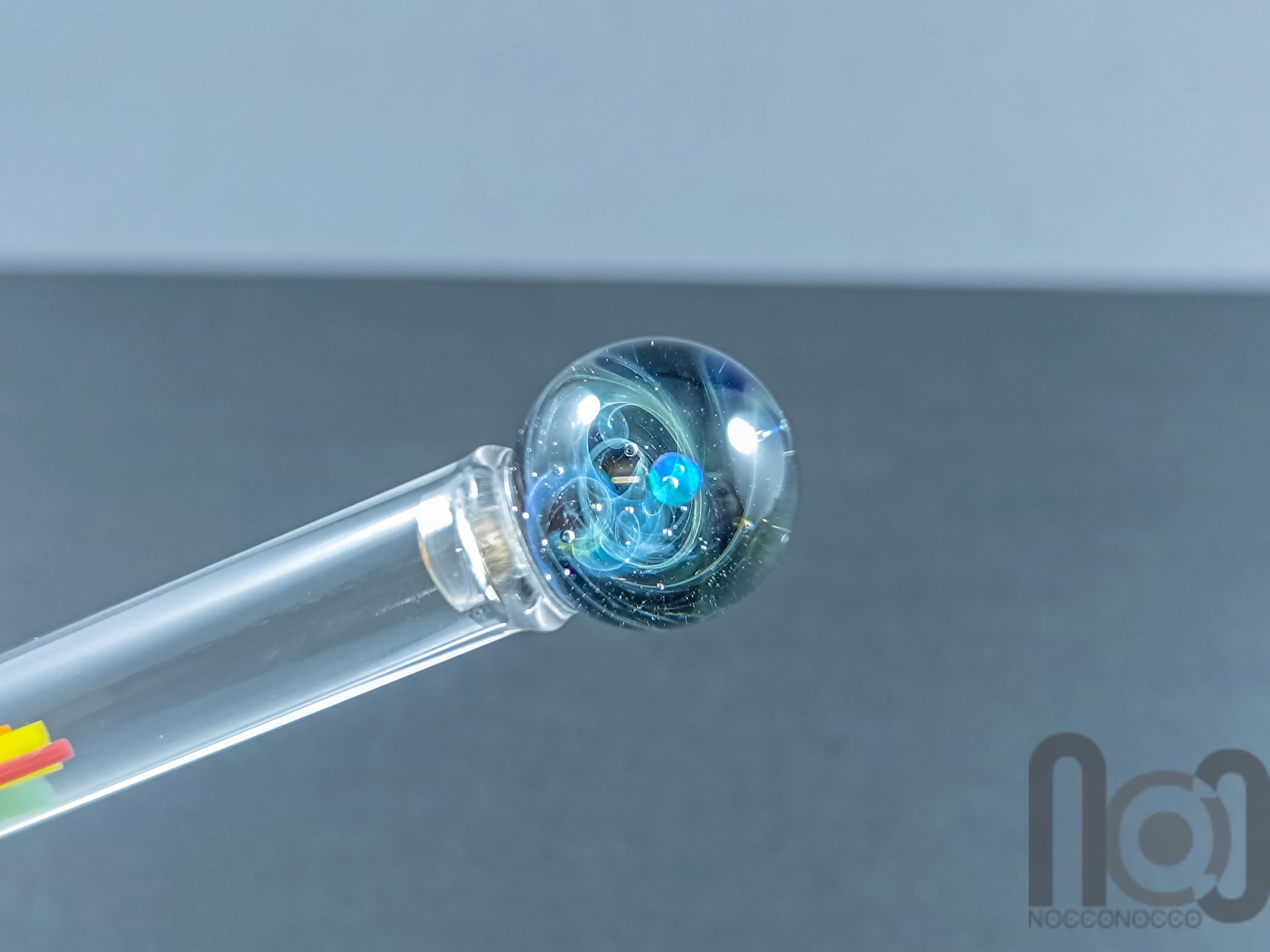 Glass Dip Pen filled with colorful glass pieces, and a galaxy marble on top, v097 — handmade borosilicate glass by NoccoNocco, detail view 4 of 4, made in Greece