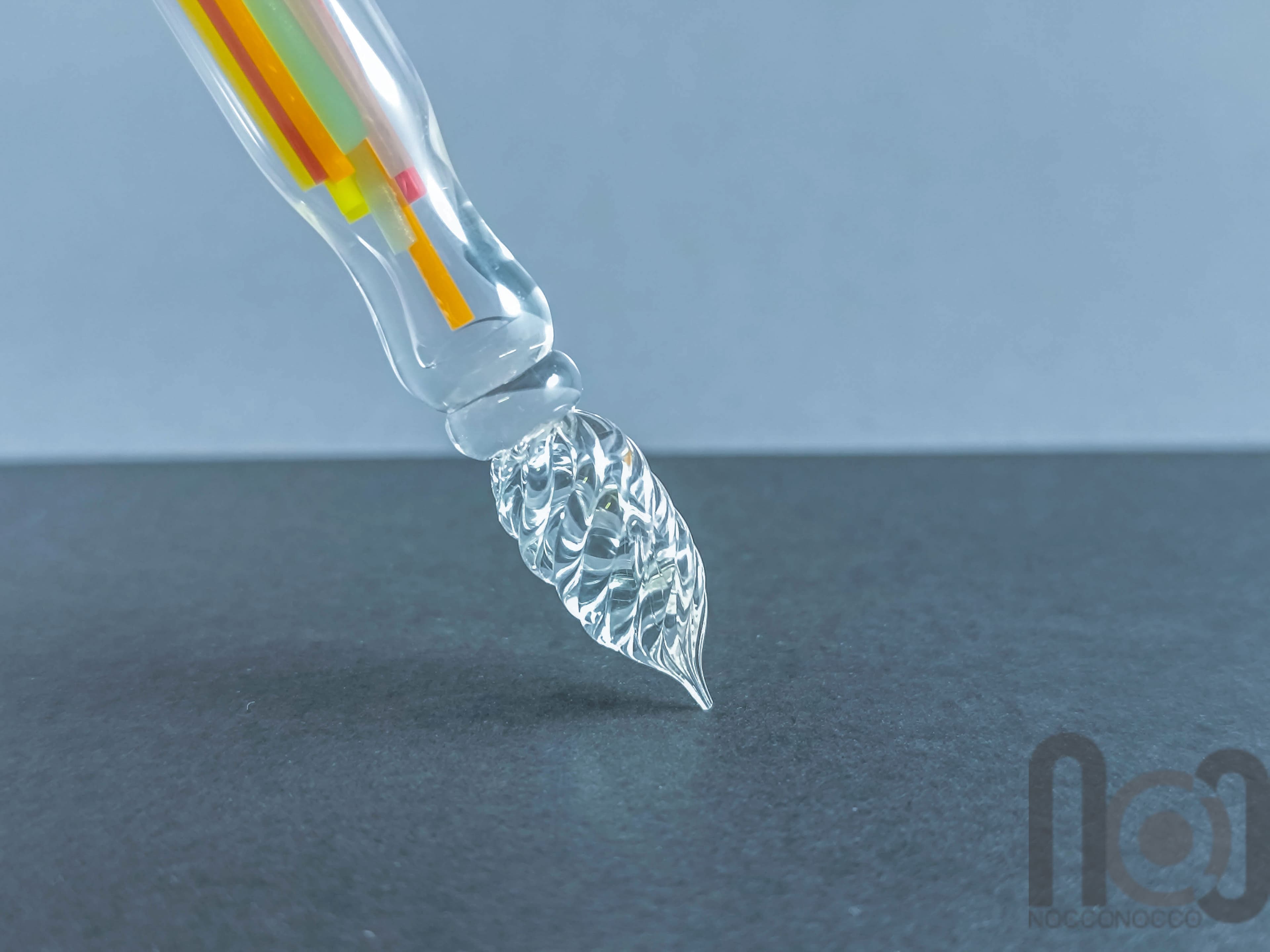 Glass Dip Pen filled with colorful glass pieces, and a galaxy marble on top, v097 — handmade borosilicate glass by NoccoNocco, detail view 3 of 4, made in Greece