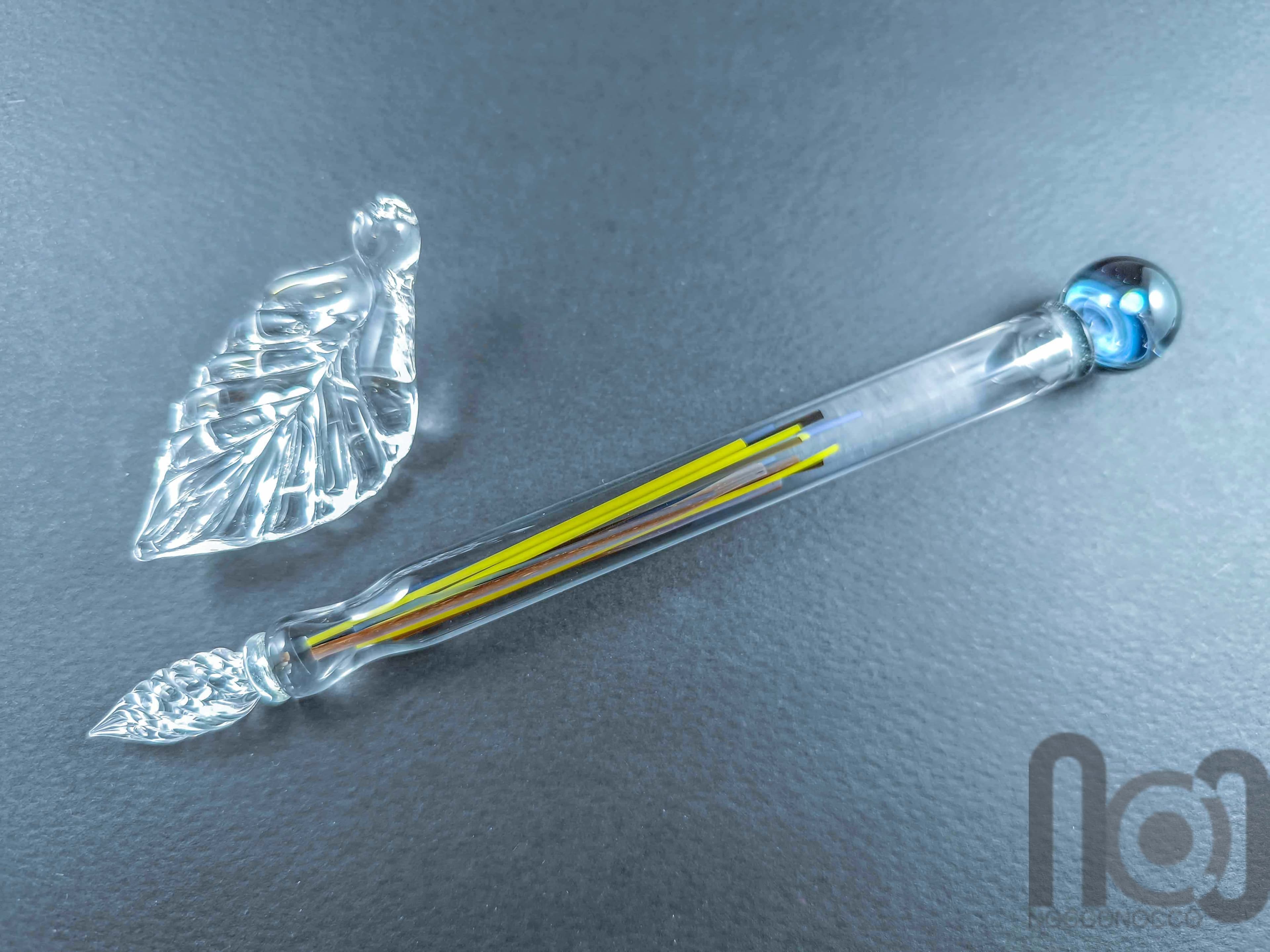 Glass Dip Pen filled with colorful glass pieces, and a galaxy marble on top, v098 — handmade borosilicate glass by NoccoNocco, detail view 2 of 4, made in Greece