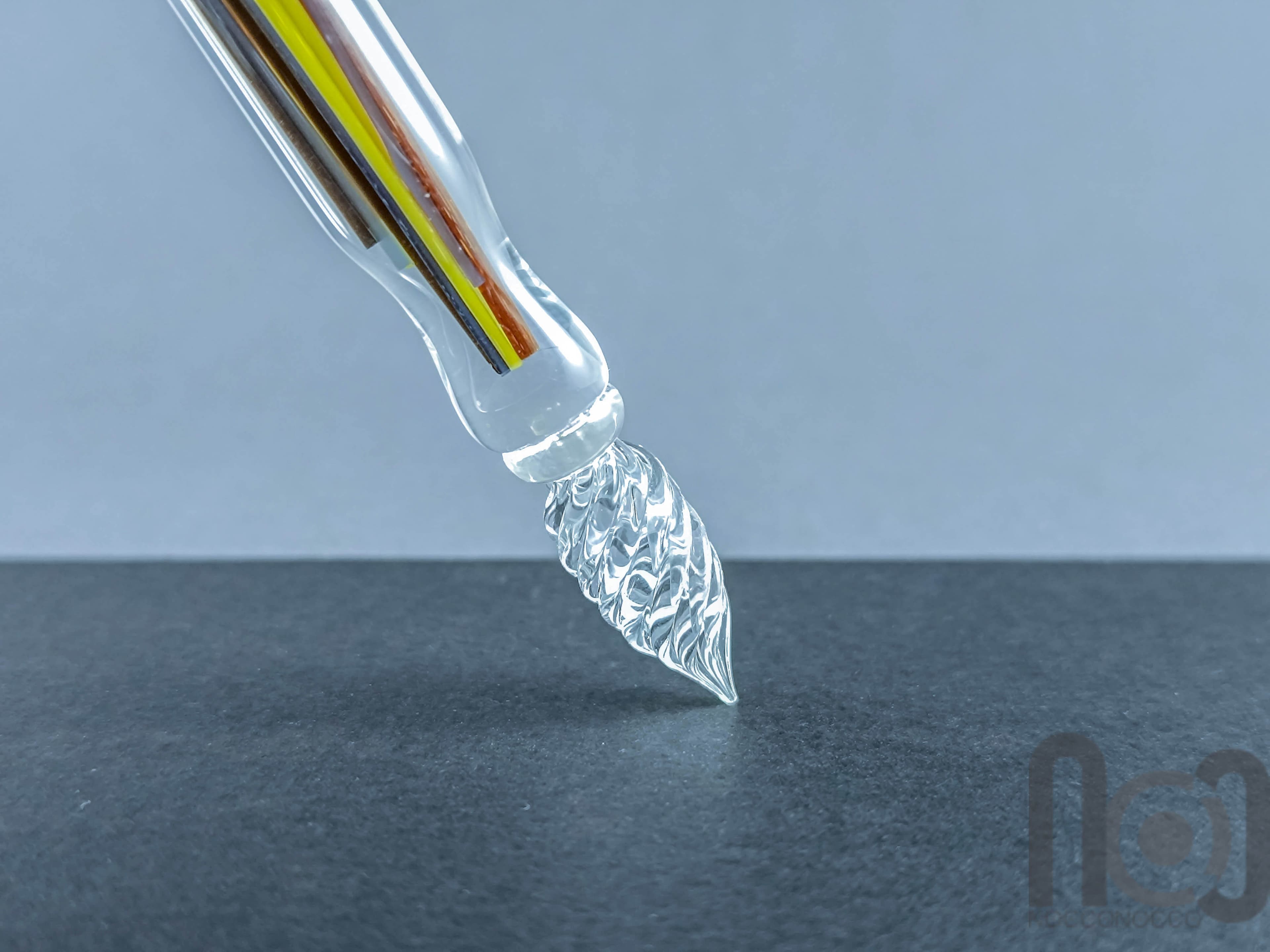 Glass Dip Pen filled with colorful glass pieces, and a galaxy marble on top, v098 — handmade borosilicate glass by NoccoNocco, detail view 3 of 4, made in Greece