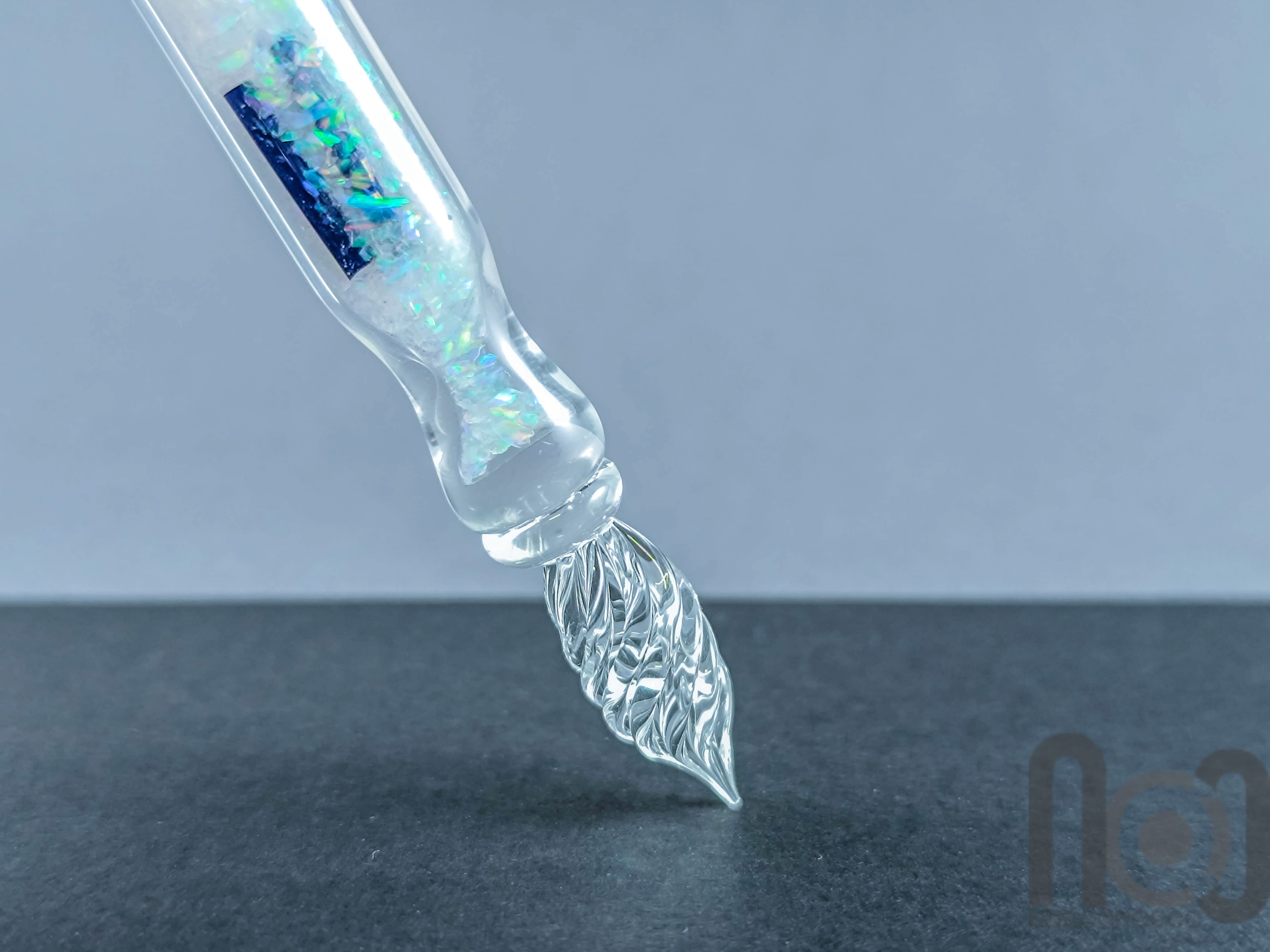 Hollow Glass Dip Pen with Crushed Opal, v099 — handmade borosilicate glass by NoccoNocco, detail view 4 of 5, made in Greece