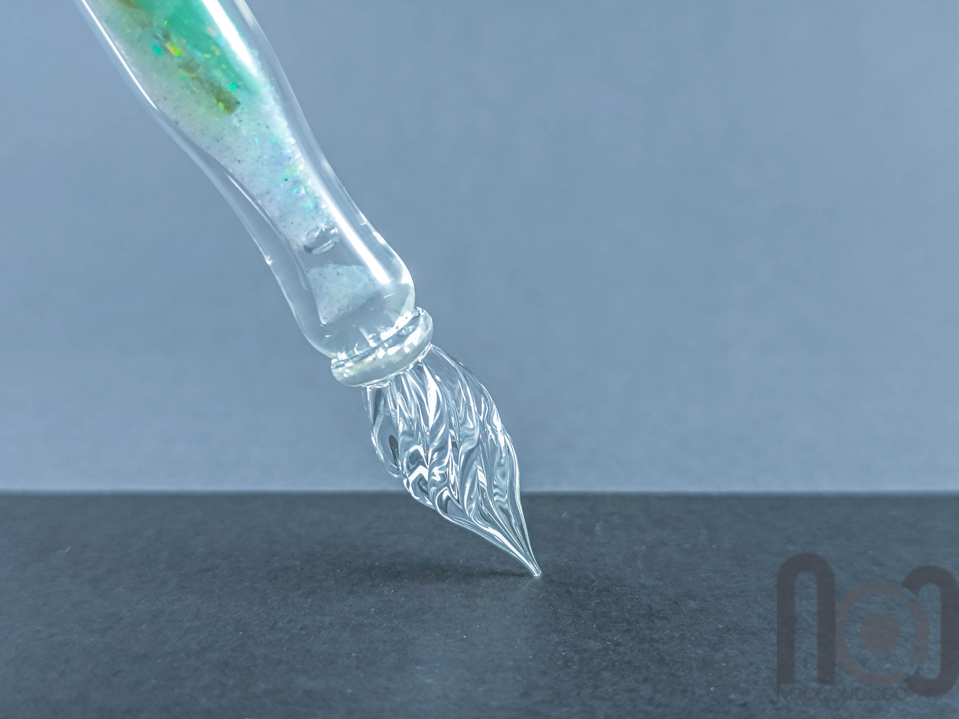 Hollow Glass Dip Pen with Crushed Opal, v100 — handmade borosilicate glass by NoccoNocco, detail view 3 of 4, made in Greece
