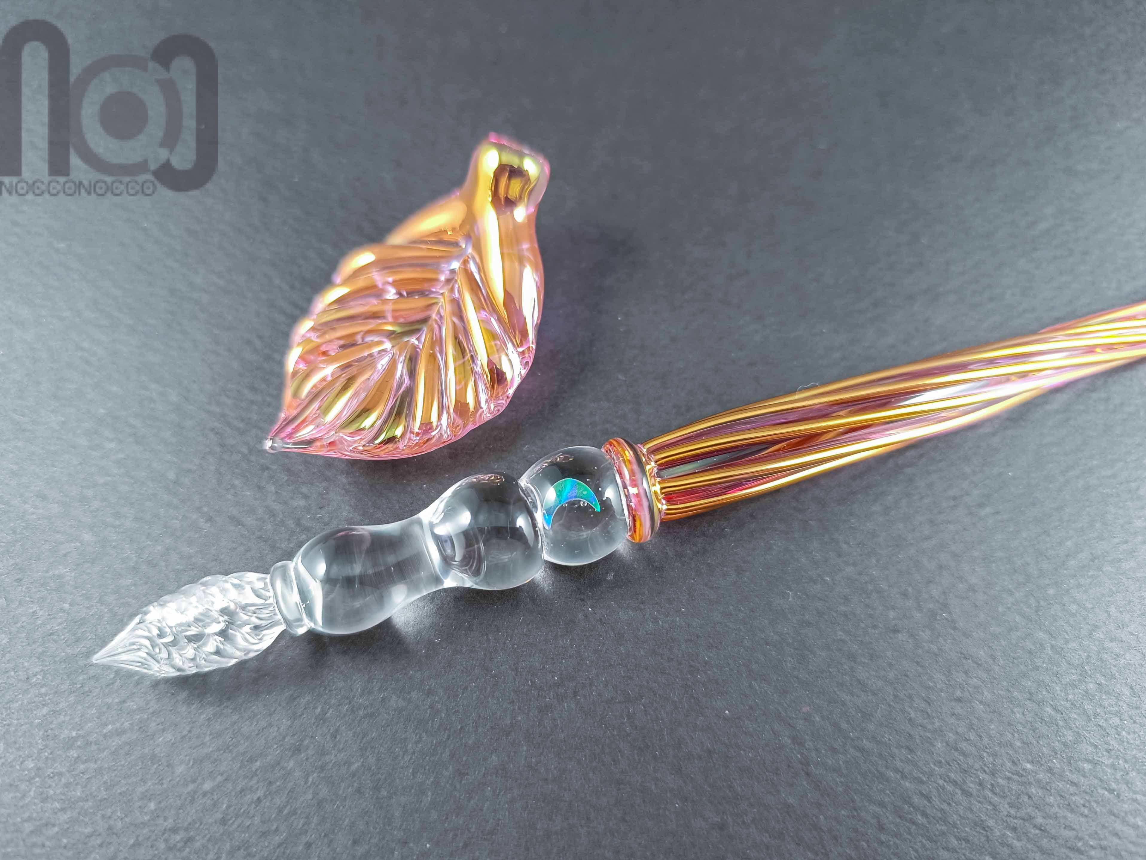 Gold and Fine Silver Fumed Dip Pen with Opal, v109 — handmade borosilicate glass by NoccoNocco, main view, made in Greece